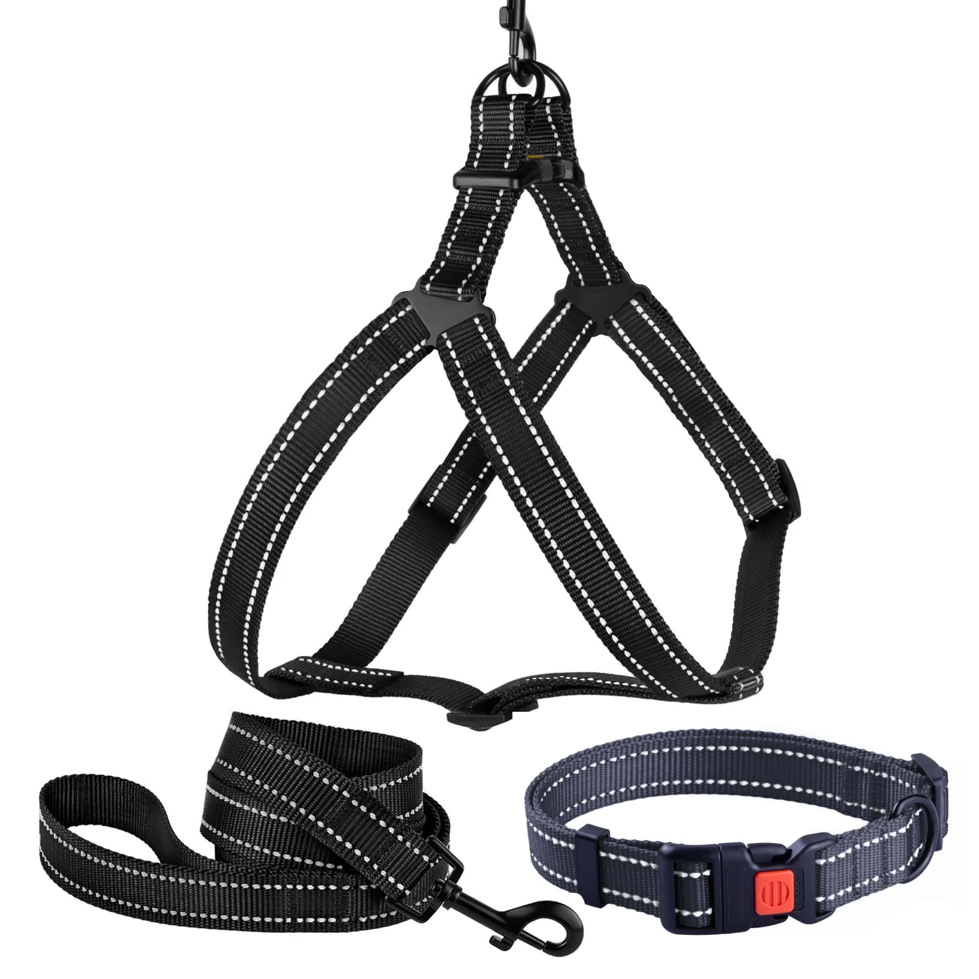 Reflective Dog Collar, Leash, and Harness Set for Small Dogs - Adjustable 10-13 Inch Neck Fit - High Visibility Black with Bright Reflective Strips - 5ft Lead - Perfect for Night Walks, Jogging & Outdoor Adventures