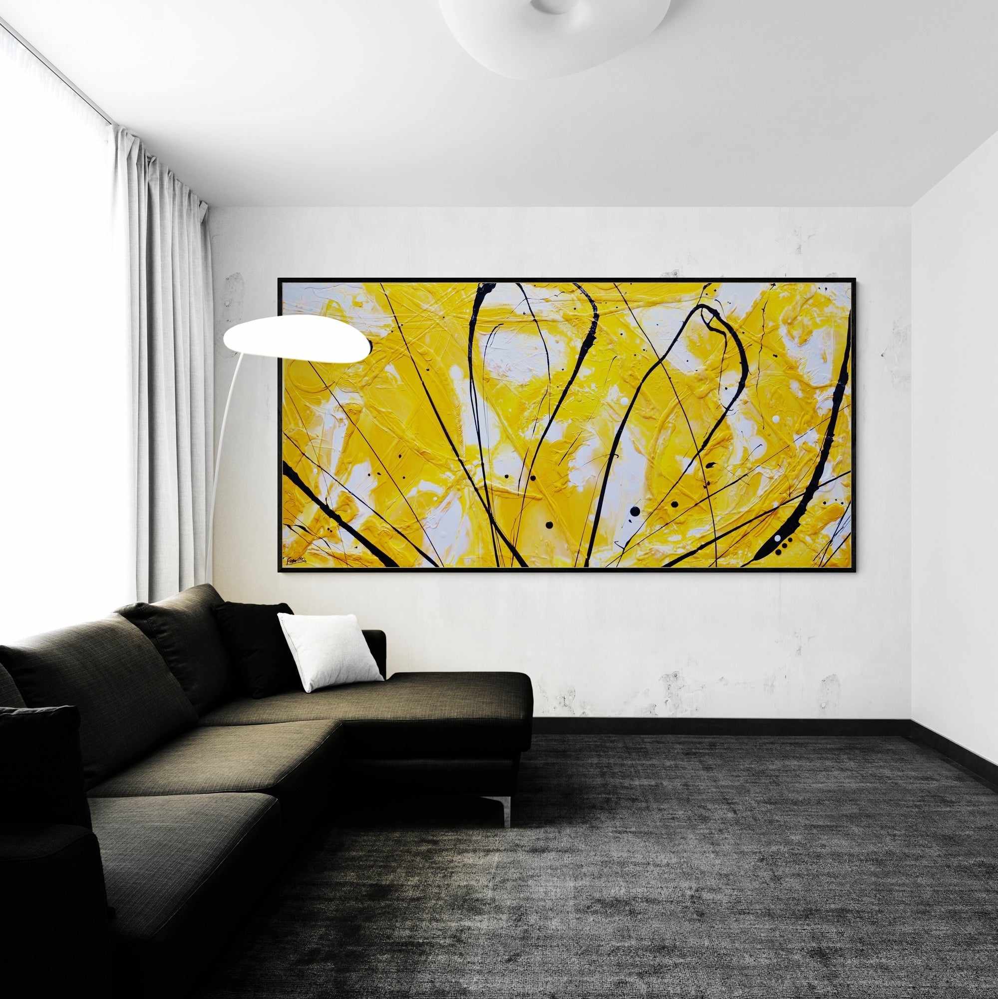 Golden Bandit 240cm x 120cm Yellow White Black Textured Abstract Canvas Wall Art - Modern Home Decor for Living Room, Bedroom & Office