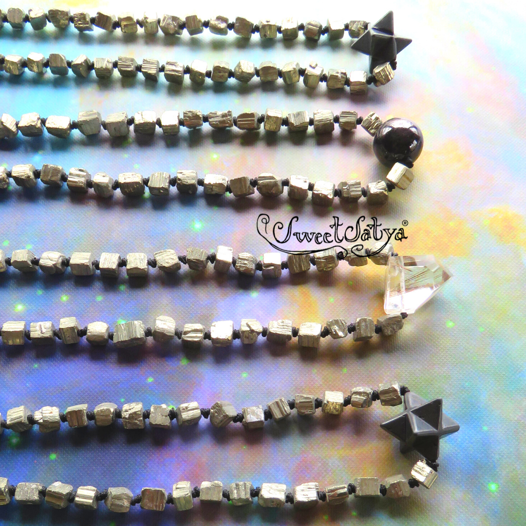 Natural Amethyst and Pyrite Mala Beads - 108 Healing Meditation Prayer Beads for Yoga, Chakra Balancing & Spiritual Protection