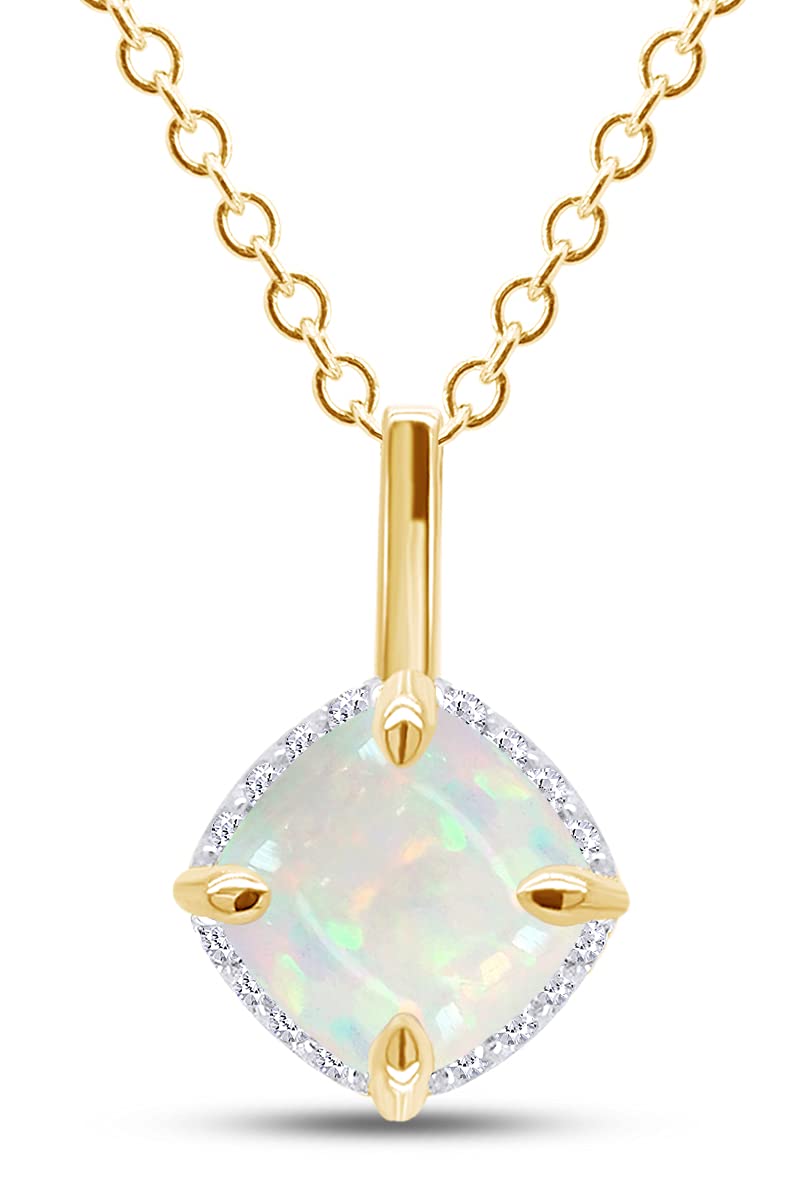 GEMVIO 6MM Cushion Cut Natural White Opal & Diamond Halo Pendant Necklace - 10K, 14K, 18K Solid Gold Women's Jewelry Gift (0.65Cttw) - Perfect for Weddings, Anniversaries & Special Occasions