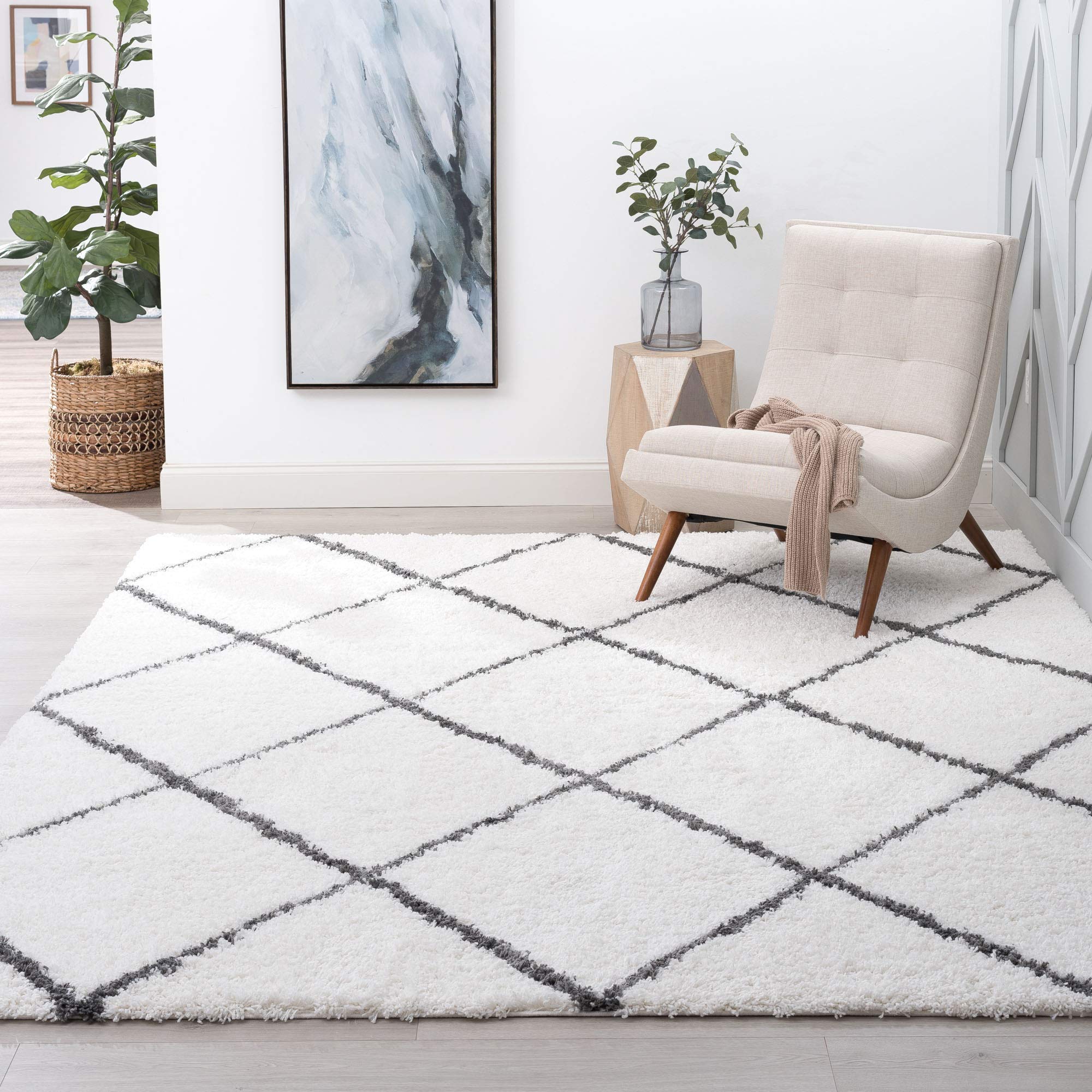 Premium Mira White 9x12 Shag Rug - Soft Plush Area Rug for Living Room, Bedroom & Dining Room - Transitional Geometric Carpet for Entryway, Foyer, Kitchen & Bath - Cozy Home Decor for Modern Spaces