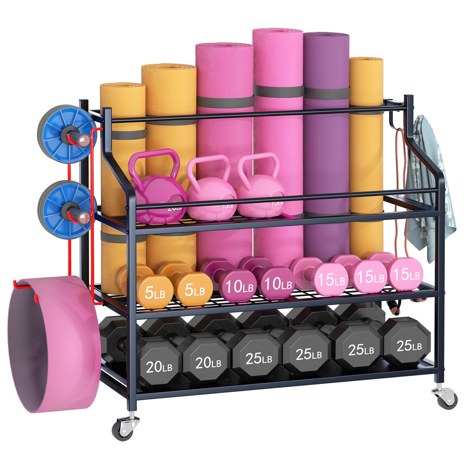 VILAWLENCE Yoga Mat Storage Rack Cart - Multifunctional Home Gym Organizer for Dumbbells, Kettlebells & Exercise Ropes - Large Capacity Removable Equipment Storage Solution for Home Workouts & Yoga Studios