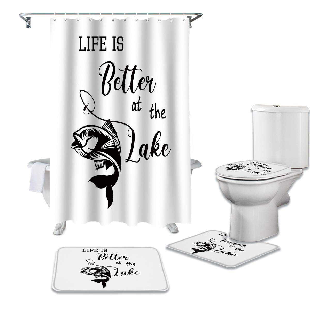 Lake-Themed 4-Piece Bathroom Set - Waterproof Shower Curtain, Non-Slip Bath Mat, Toilet Lid Cover & Fishing Hook Design Rugs for Cozy Cabin, RV or Home Decor