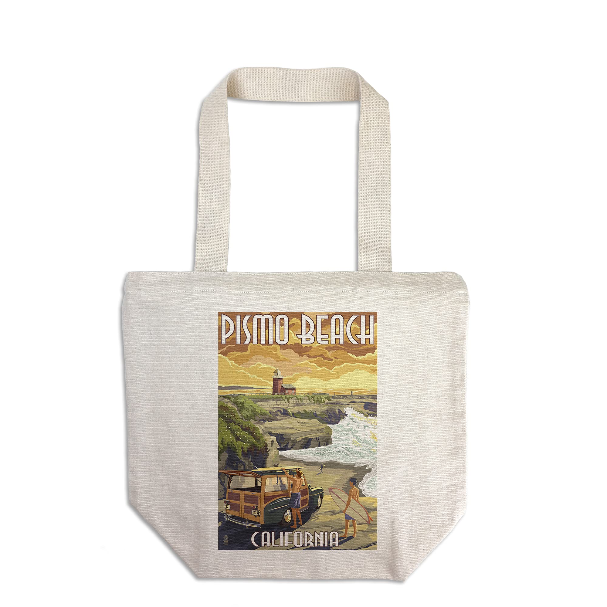 Lantern Press Pismo Beach California Woody and Lighthouse 100% Cotton Canvas Reusable Tote Bag - Eco-Friendly Shopping & Beach Day Essential