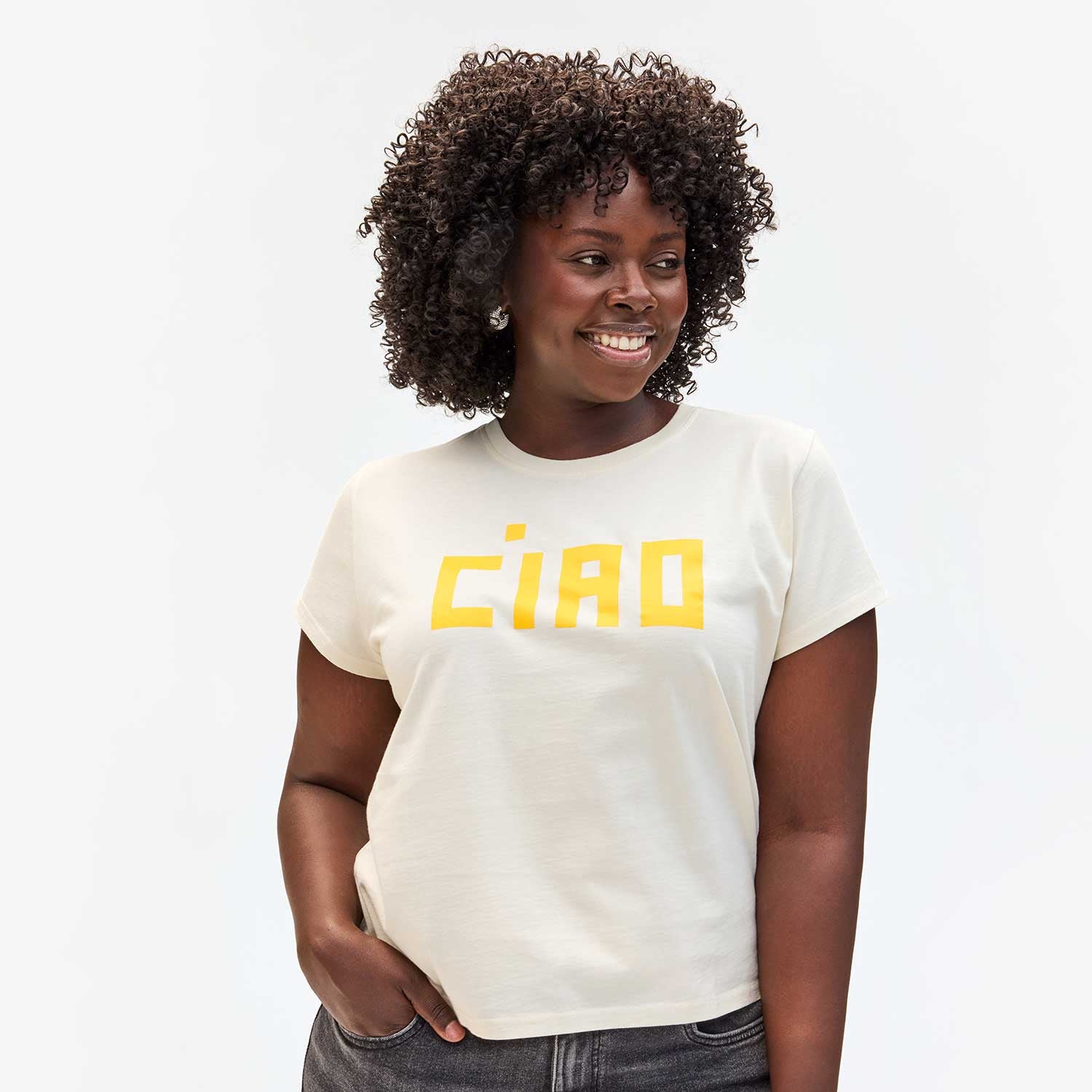 Block Ciao Classic T-Shirt - Soft Cotton Crewneck Tee in Cream Color | Casual Everyday Wear & Street Style Outfits