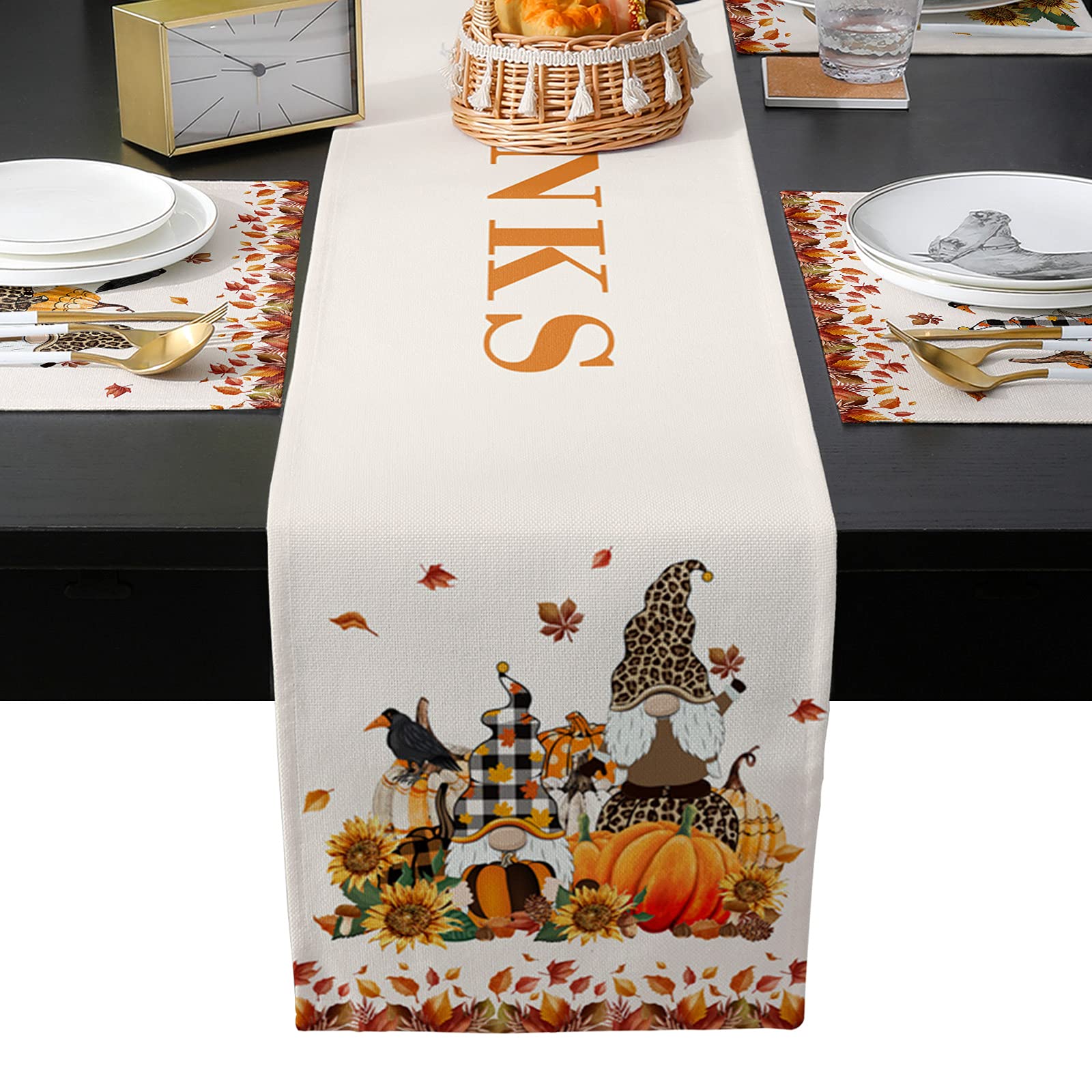 Gnome Sunflower Pumpkin Crow Falling Leaves Table Runner and Placemats Set - 90 Inch Heat-Resistant Cotton Linen Dining Table Runner with 4 Washable Placemats for Home Kitchen Decor | Perfect for Thanksgiving, Autumn Decor, and Farmhouse Style Dining