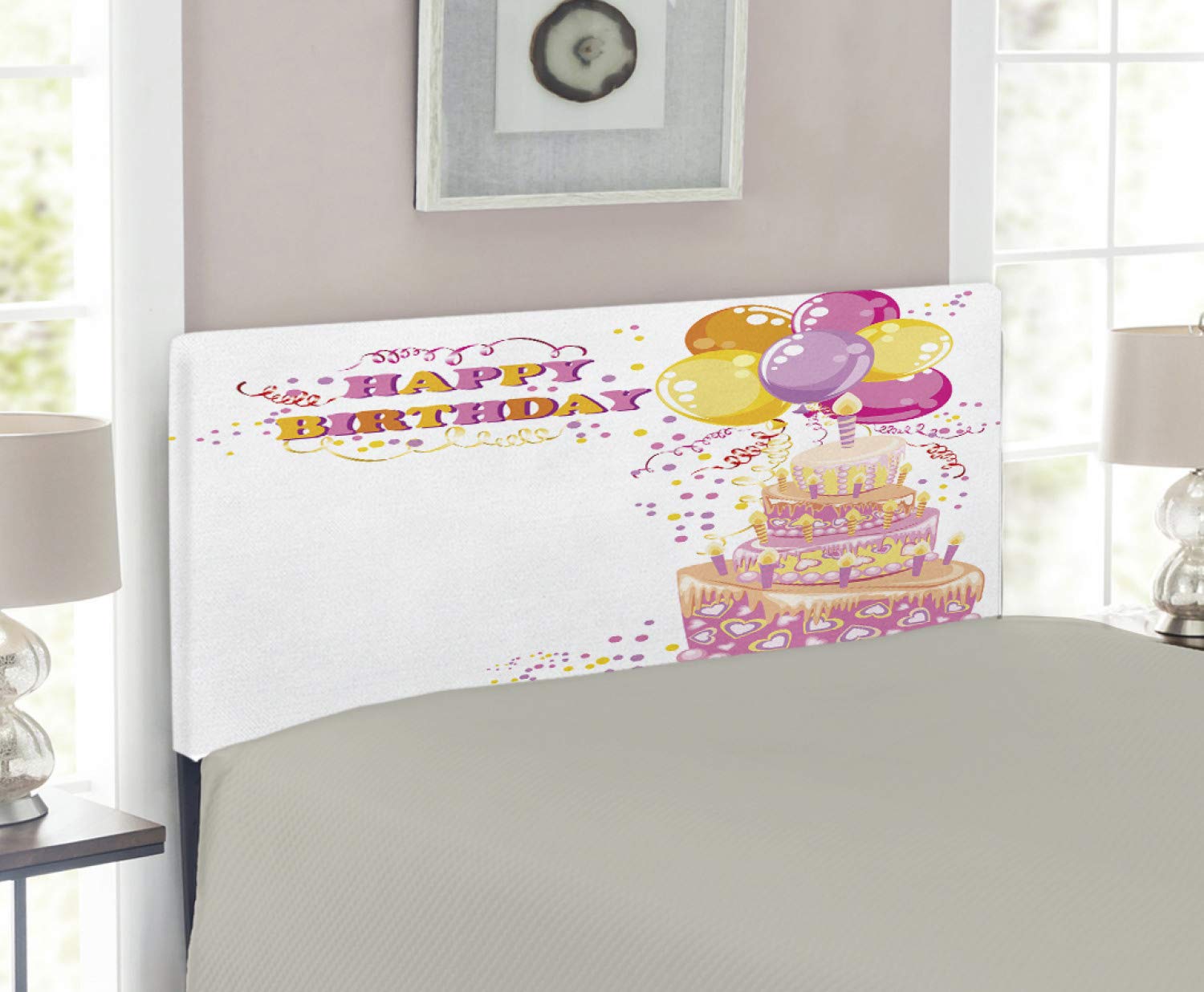 Ambesonne Birthday Party Headboard - Twin Size Upholstered Decorative Metal Bed Frame with Memory Foam | Celebration Themed Print Featuring Cake, Candles, Balloons & Hearts in Orange & Pink | Perfect for Girls' Bedroom Decor, Birthday Parties & Themed Room Design