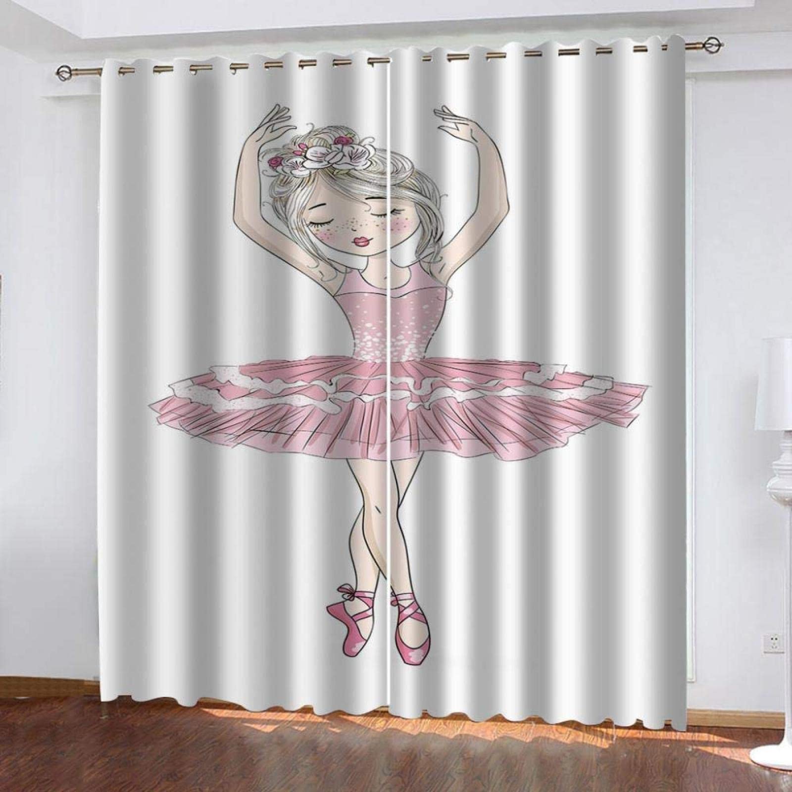 Pink Ballet Blackout Curtains - Modern Dancer Cartoon Printed 3D Thermal Insulated Window Drapes with Grommet Top, 104