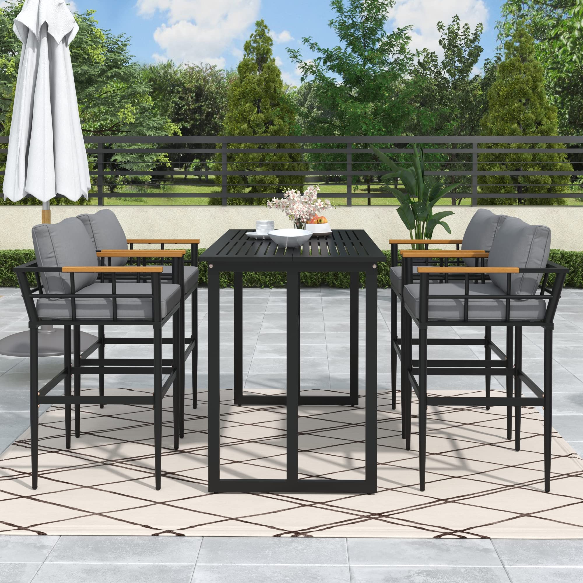 Quarte 5-Piece Steel Outdoor Dining Set with Acacia Wood Armrests - Patio Furniture for Porch, Lawn, Garden & Poolside - Perfect for Backyard BBQs, Outdoor Entertaining & Relaxation