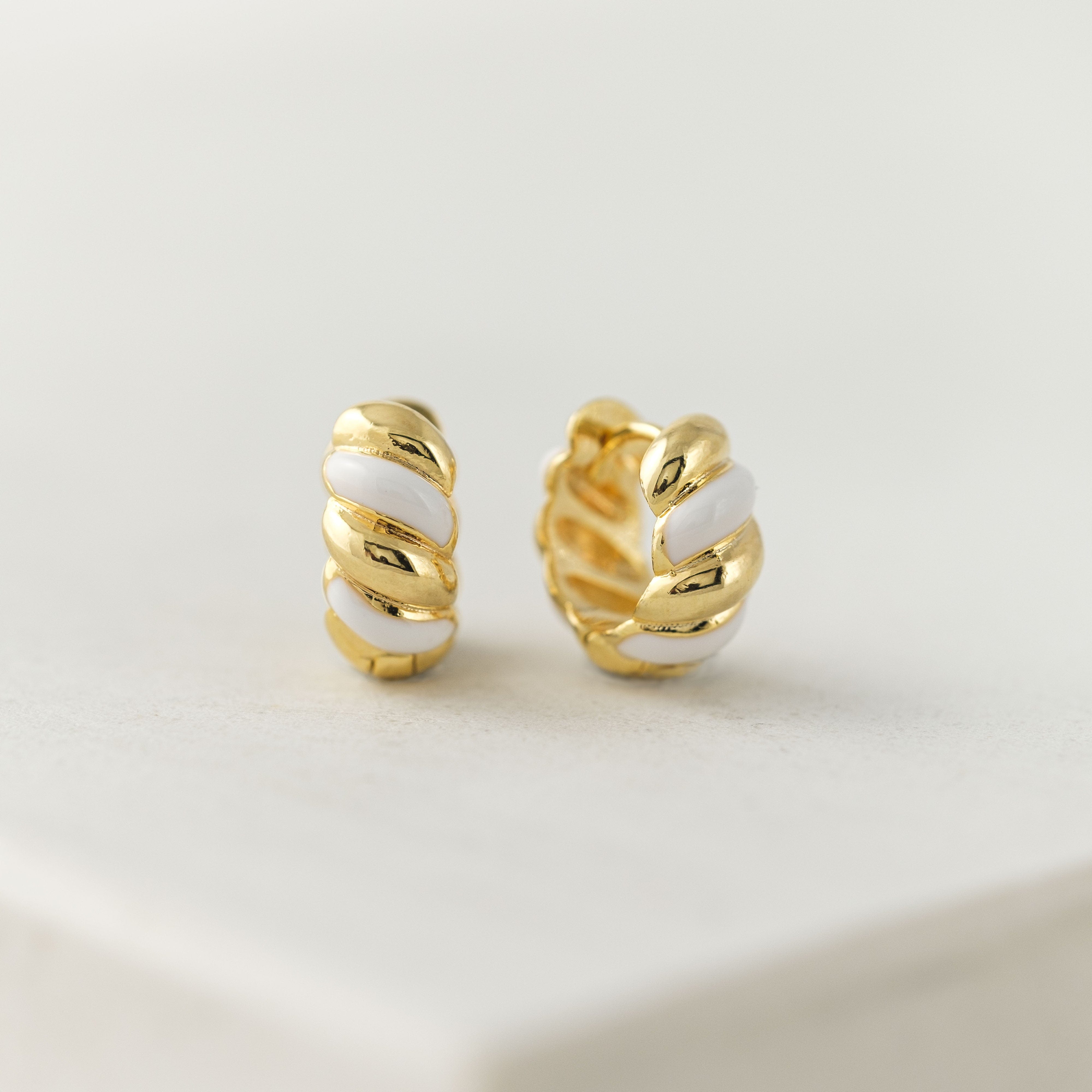 Croissant Enamel White Huggie Hoop Earrings - Dainty Gold Plated French Pastry Jewelry for Women - Perfect for Everyday Wear & Gift Giving