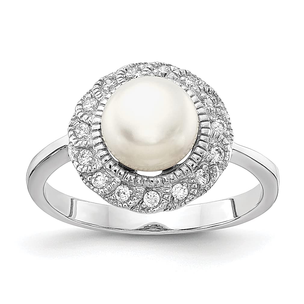 925 Sterling Silver Freshwater Pearl & Cubic Zirconia Women's Ring - Elegant CZ Band Jewelry for Her, Perfect Gift for Anniversary, Birthday, Wedding & Special Occasions