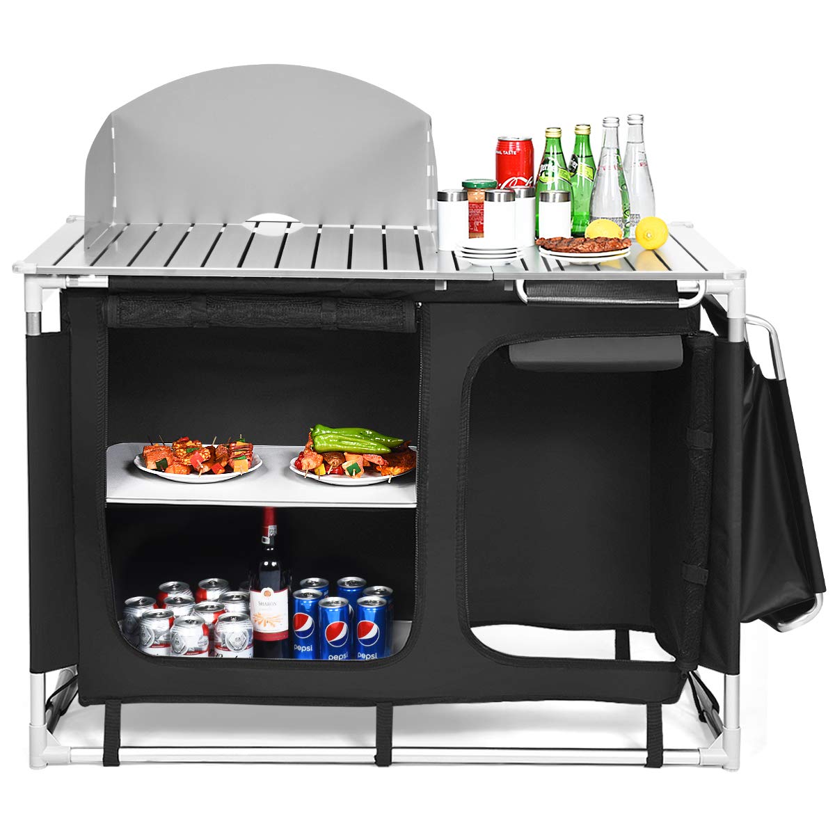 Giantex Portable Camping Kitchen Table with Windscreen & Storage Organizer | Outdoor BBQ Grill Station with Basin | Perfect for Camping, Picnics, Backyard Parties & Tailgating | Heavy-Duty Aluminum Frame for Stability