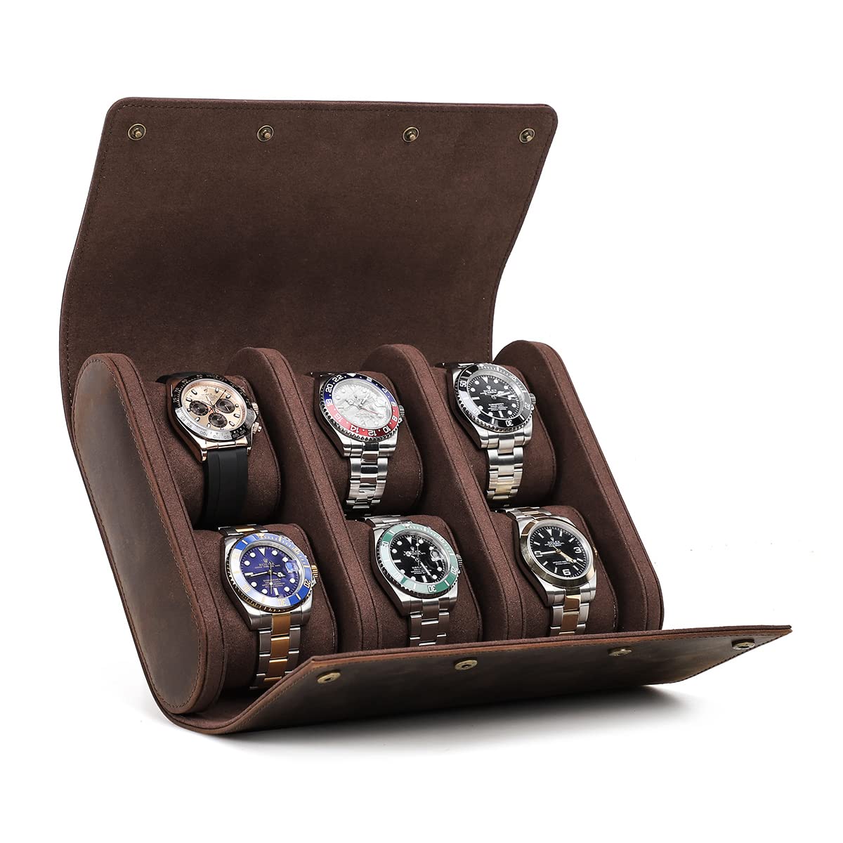Hiram Genuine Leather 6-Watch Travel Case - Premium Watch Roll Organizer for Business Watches & Bracelets - Coffee Brown - Perfect for Business Travel & Watch Collection Storage