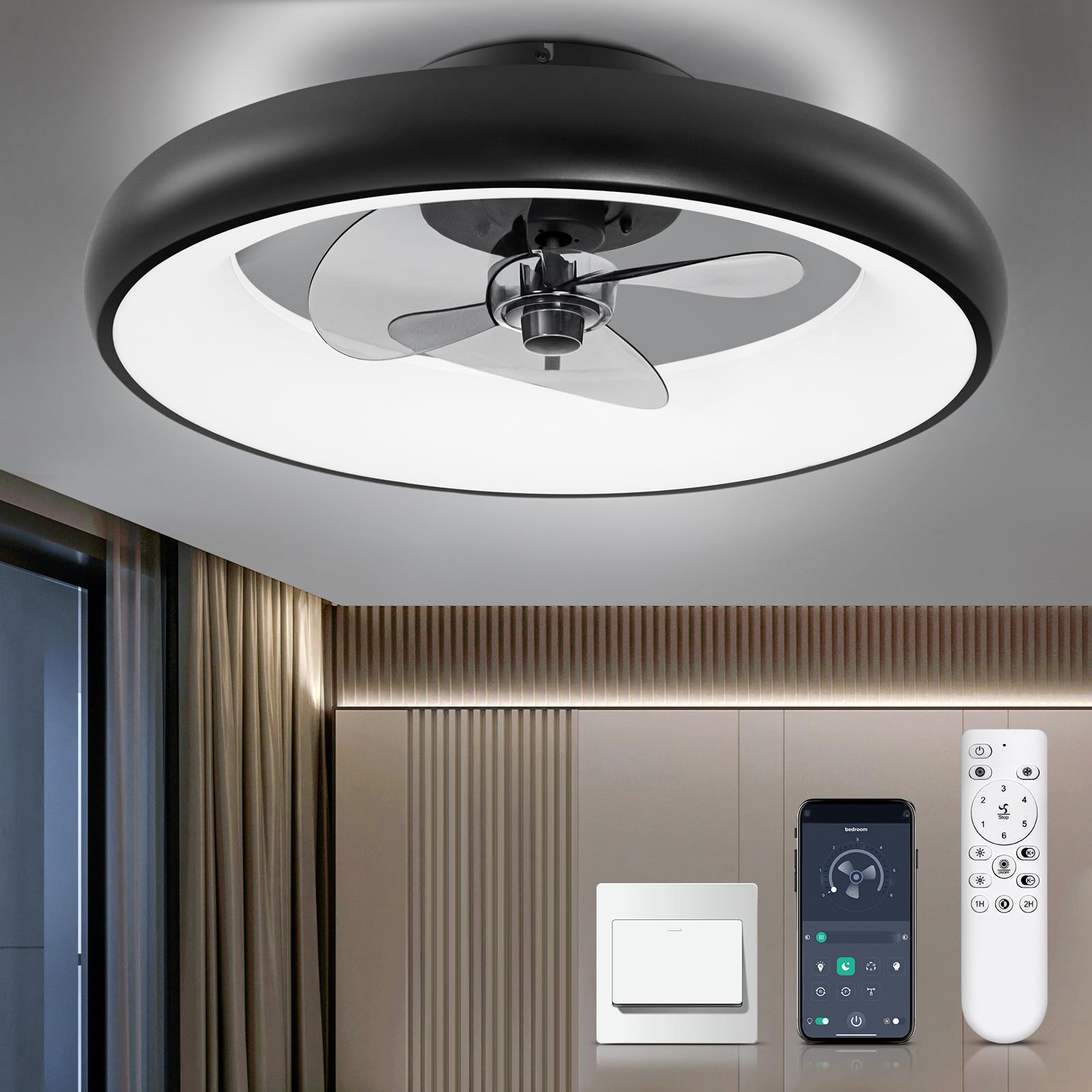 Ltemziiy 52 Inch Smart Ceiling Fan with LED Light and Remote Control - 3 Color Temperatures, 6 Speed Settings, Reversible DC Motor - Ideal for Living Room, Bedroom, and Office (Black)