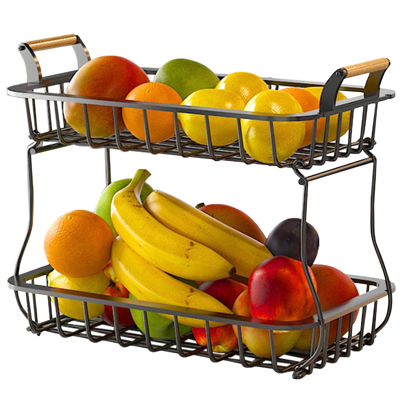 2-Tier Metal Wire Fruit Basket with Detachable Wooden Handle - Farmhouse Kitchen Storage for Fruits, Vegetables, Bread - Perfect for Countertop, Dining Table, and Reception Areas (Black) | Durable & Stylish Organizer for Fresh Produce Display