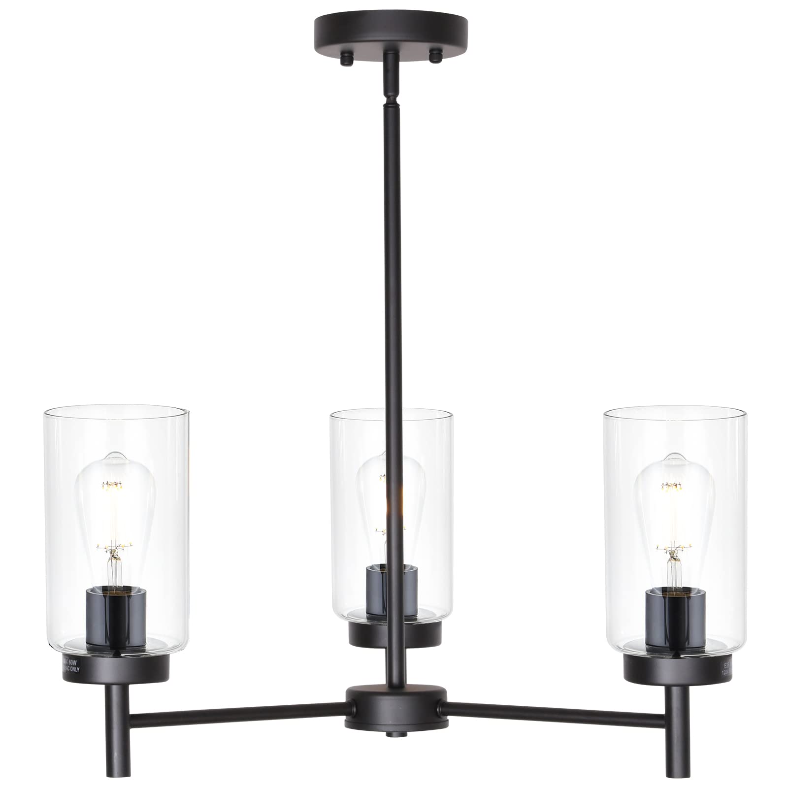 VINLUZ 3-Light Black Farmhouse Chandelier with Clear Glass Shades - Modern Industrial Pendant Light for Dining Room, Kitchen Island, Foyer - Adjustable Hanging Wire, Semi-Flush Mount Ceiling Lighting Fixture