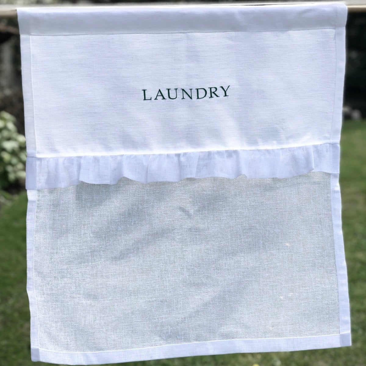 Elegant White Linen Ruffle Laundry Curtain - Breathable Window Treatment for Bathroom, Kitchen & Laundry Room - Soft Textured Home Decor with Romantic Ruffled Design