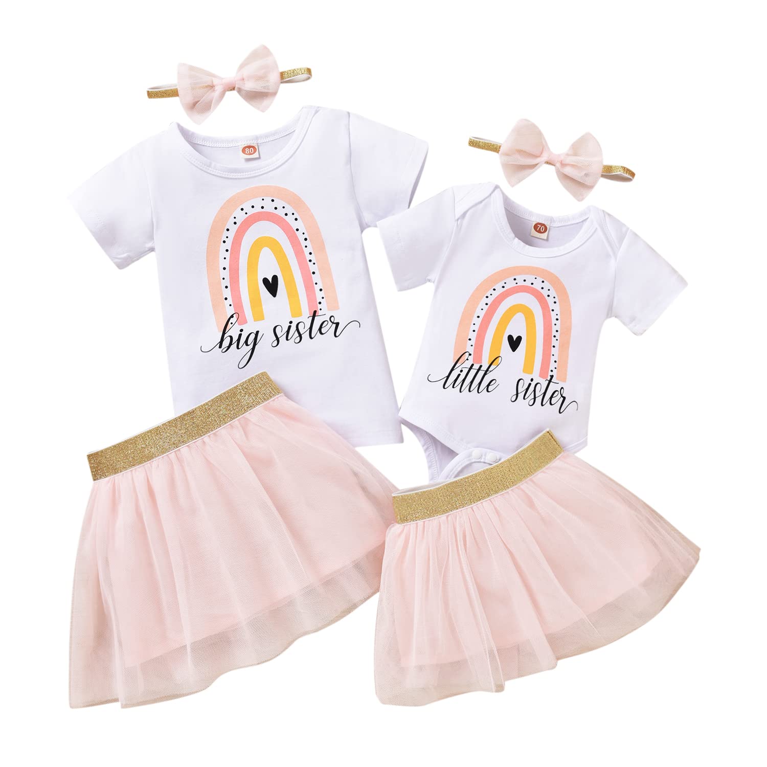 Honykids Big Sister Little Sister Matching Outfits - Baby Girl Romper & Toddler Girl T-Shirt with Tutu Skirt Set - Cute Sibling Outfits for Family Photos, Birthday Parties & Special Occasions