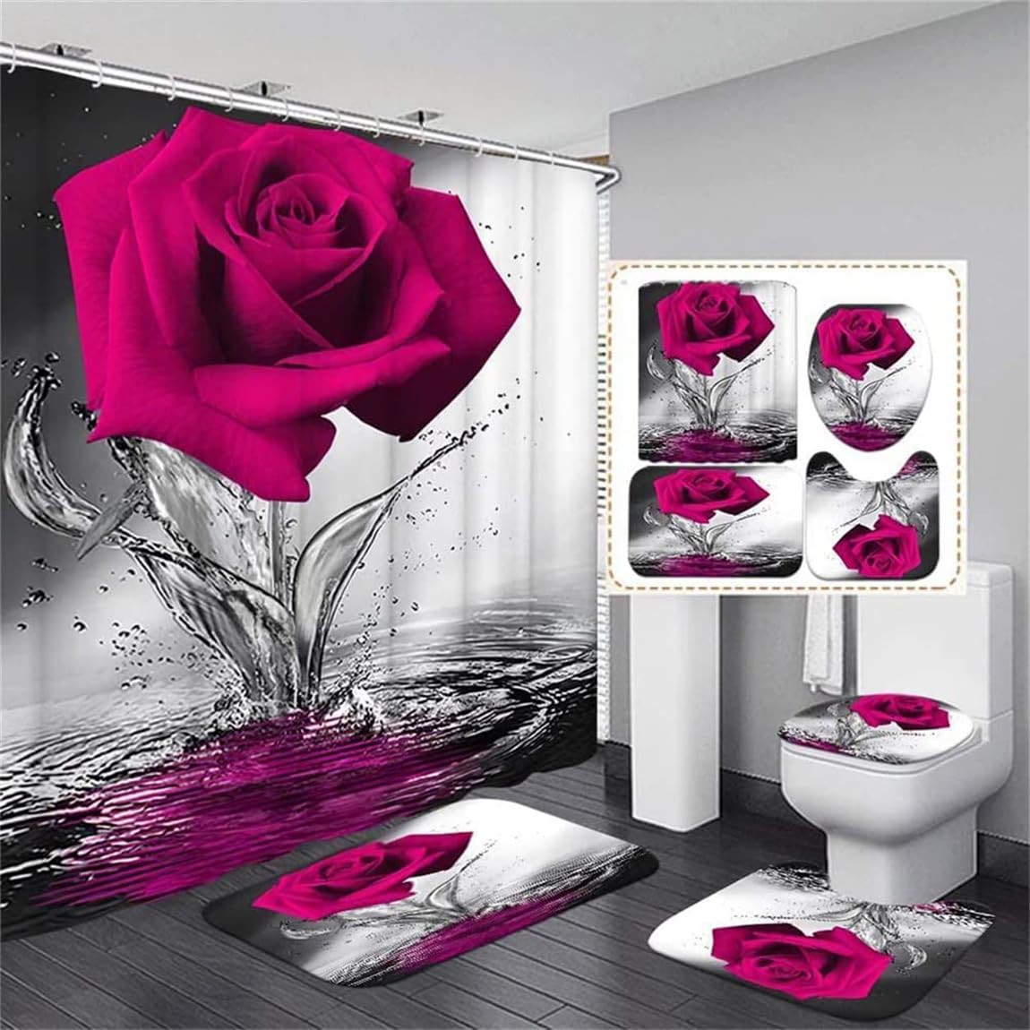 Elegant Rose Bathroom Set - Waterproof Shower Curtain with Non-Slip Rugs, Bath Mat & Toilet Cover | 12 Sturdy Hooks Included | Modern Bathroom Decor for Home, Apartment & Guest Bath