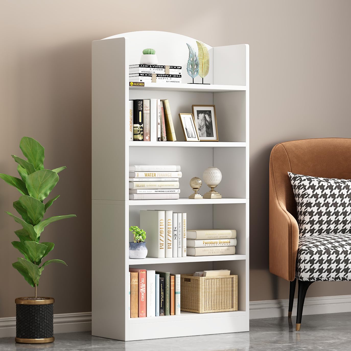 5-Shelf Bookcase - Mid-Century Modern Open Storage Shelf, Floor Standing Display Rack & Wood Bookshelf Organizer for Bedroom, Living Room, Office - Retro Style Home Decor & Book Storage Solution