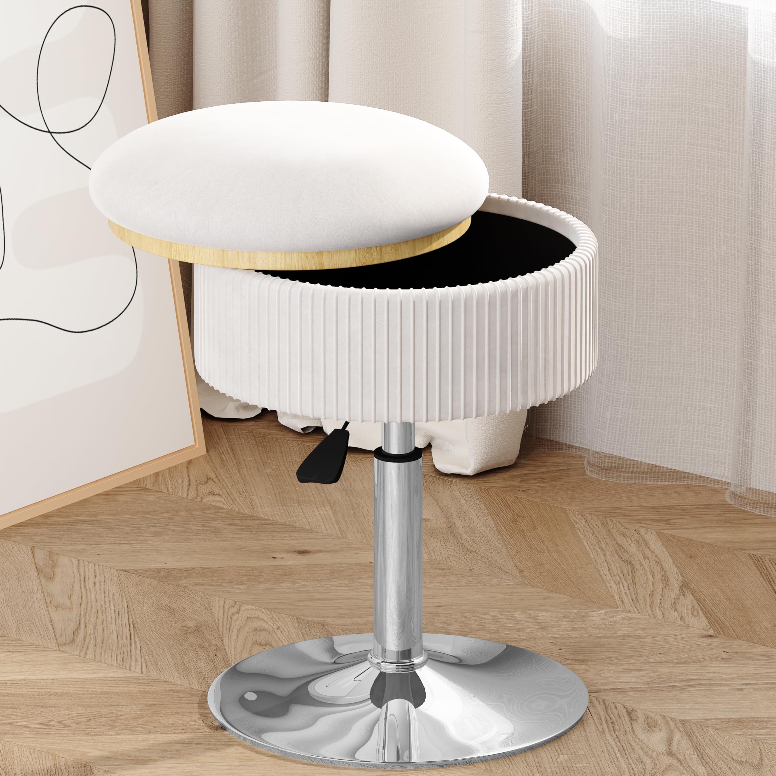 ACEQLYT® White Vanity Stool with Storage - Adjustable Swivel Makeup Chair with Faux Fur Seat for Bedroom & Dressing Room | Perfect for Vanity Table, Makeup Room, and Home Decor