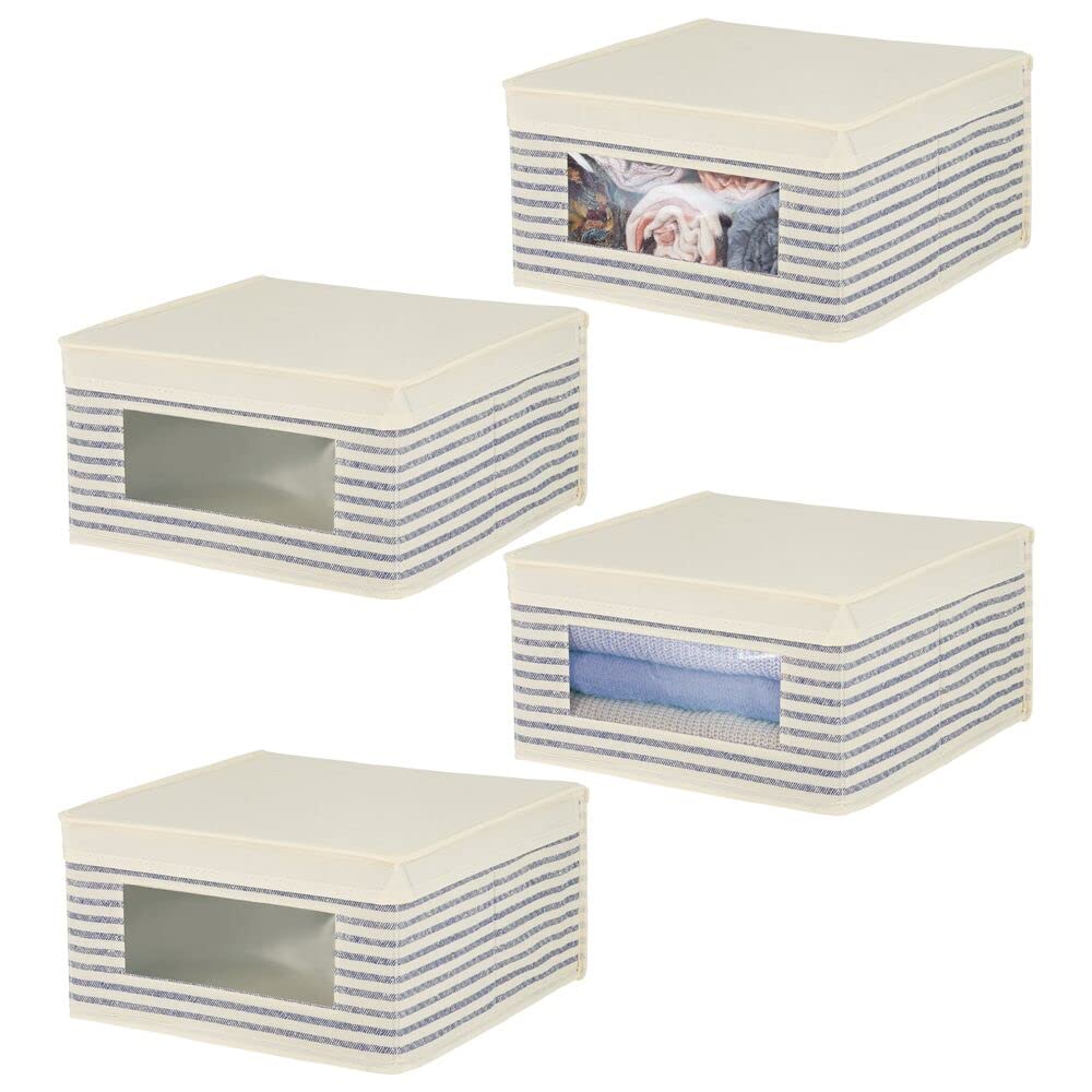 mDesign Medium Fabric Stackable Closet Storage Organizer Box with Front Window Lid - 4 Pack Natural/Blue Stripe | Perfect for Bedroom, Office & Mudroom Organization | Holds Clothes, Blankets & Linens | Lido Collection | Space-Saving Home Storage Solution
