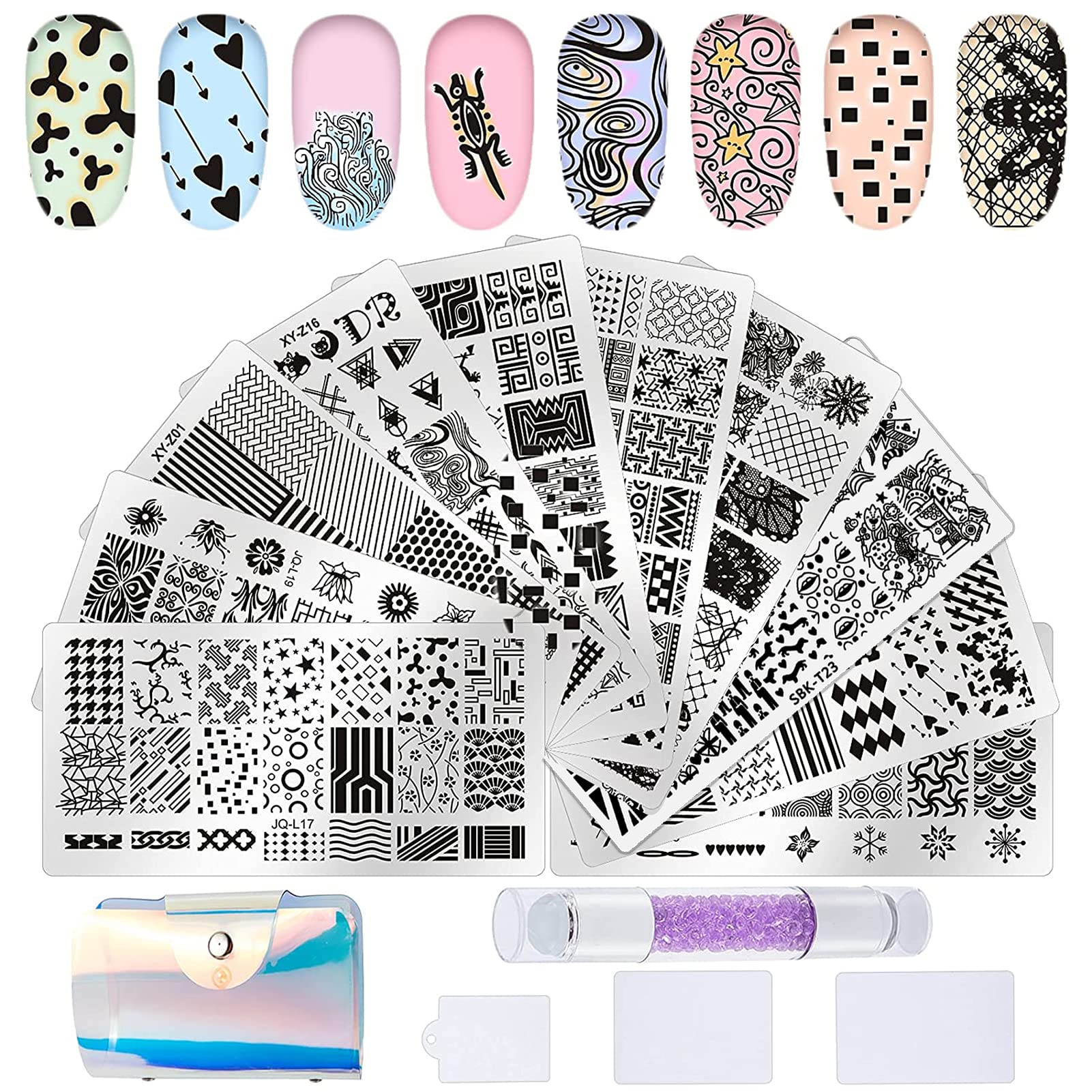NICENEEDED 15Pcs Nail Stamping Kit with 10 Geometric Nail Art Plates, Double-Head Stampers, 3 Scrapers & Storage Bag - Professional Nail Art Tools for DIY Manicures at Home or Salon