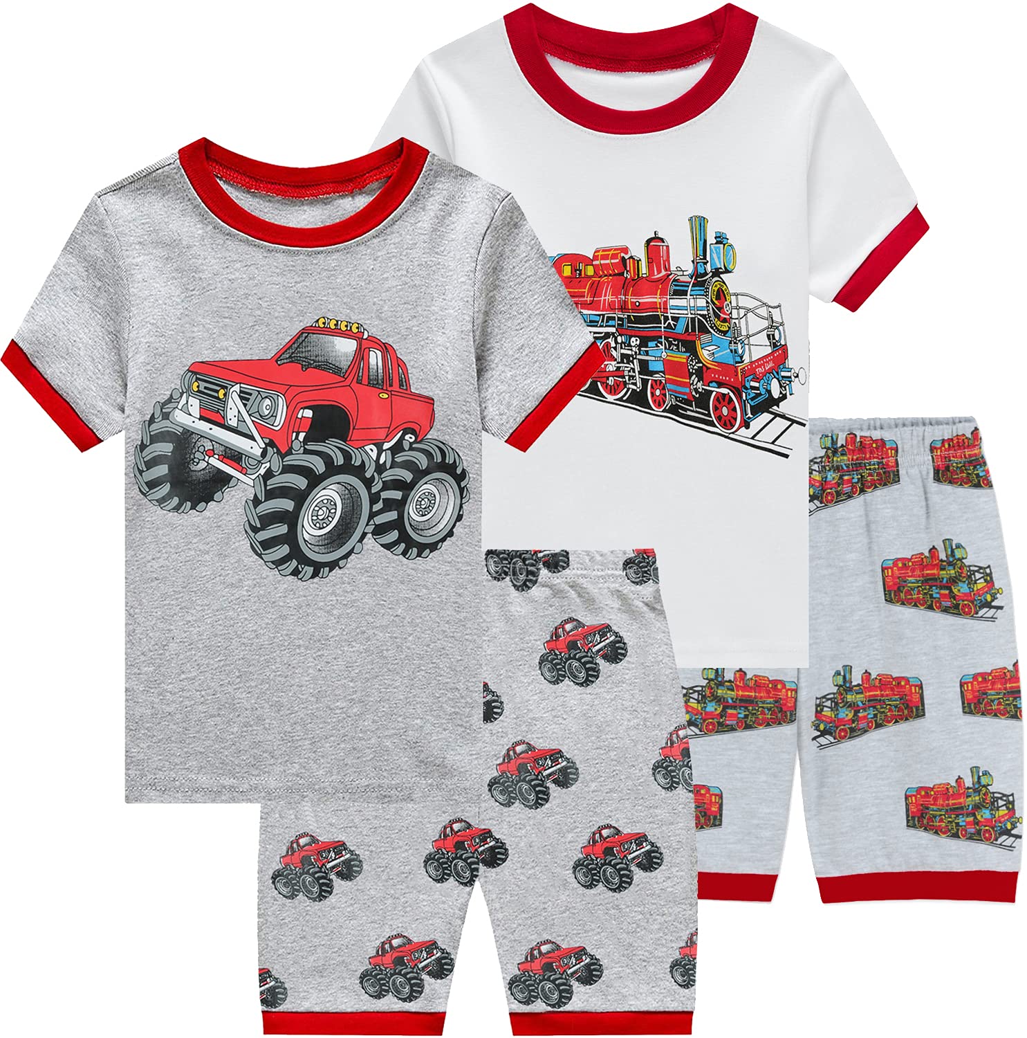Boys' Dinosaur & Monster Truck Pajama Set - Soft Cotton Summer Pajamas for Toddlers Ages 2-7 | Cute Kids' Sleepwear for Bedtime & Playtime