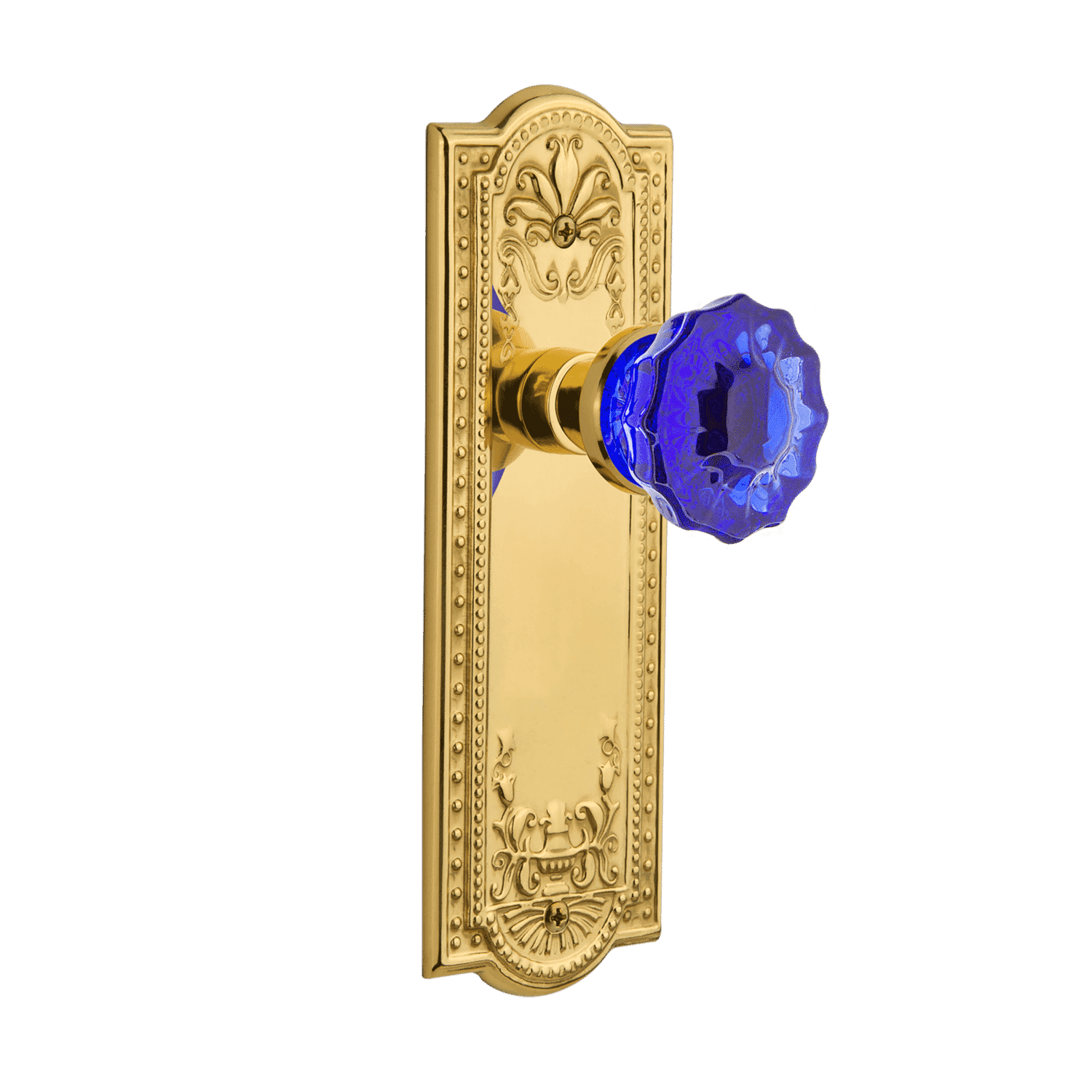 Unlacquered Brass Meadows Long Plate with Cobalt Crystal Knob - Elegant Cabinet & Drawer Pull for Vintage Kitchen & Bathroom Hardware Upgrade