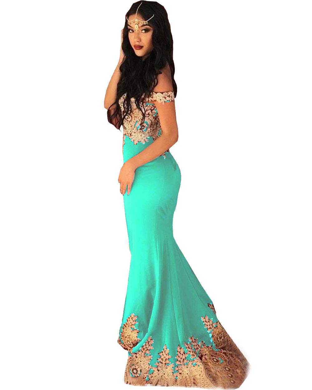 Emanni Women's Gold Lace Applique Mermaid Prom Dress - Off Shoulder Formal Evening Gown for Homecoming, Wedding Guest, Cocktail Party & Special Occasions