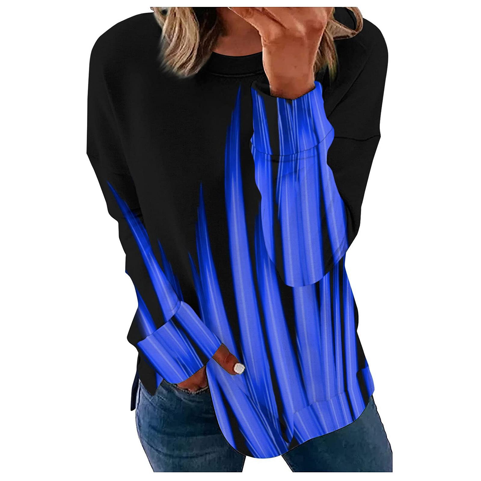 Women's Geometric Contrast Stitch Long Sleeve Pullover Blouse - Stylish Printed Color Block Tops for Casual Wear & Office Outfits | Perfect for Everyday Fashion and Work Attire