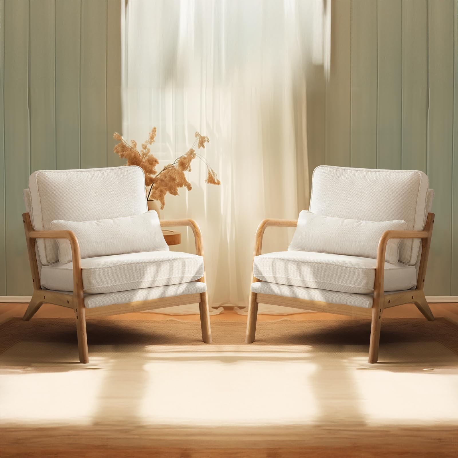 Bonnlo Mid Century Modern Accent Chairs Set of 2 - Beige Upholstered Lounge Chairs with Solid Wood Legs for Living Room, Bedroom, Guest Room | Perfect for Reading Nooks, Farmhouse Decor & Cozy Sitting Areas