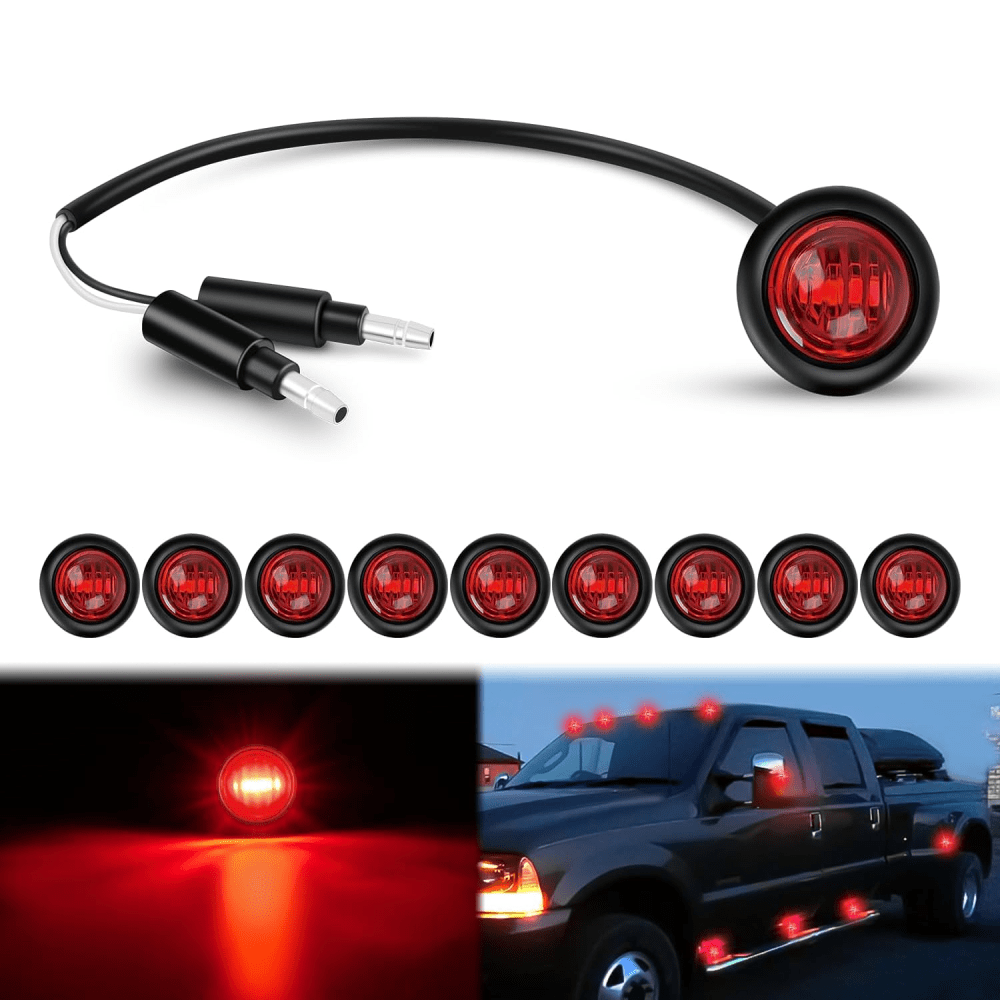 3/4 Inch Red Round LED Marker Lights - 10 Pack with 2 Connectors - Waterproof & Durable for Trucks, Trailers, Boats & Off-Road Vehicles