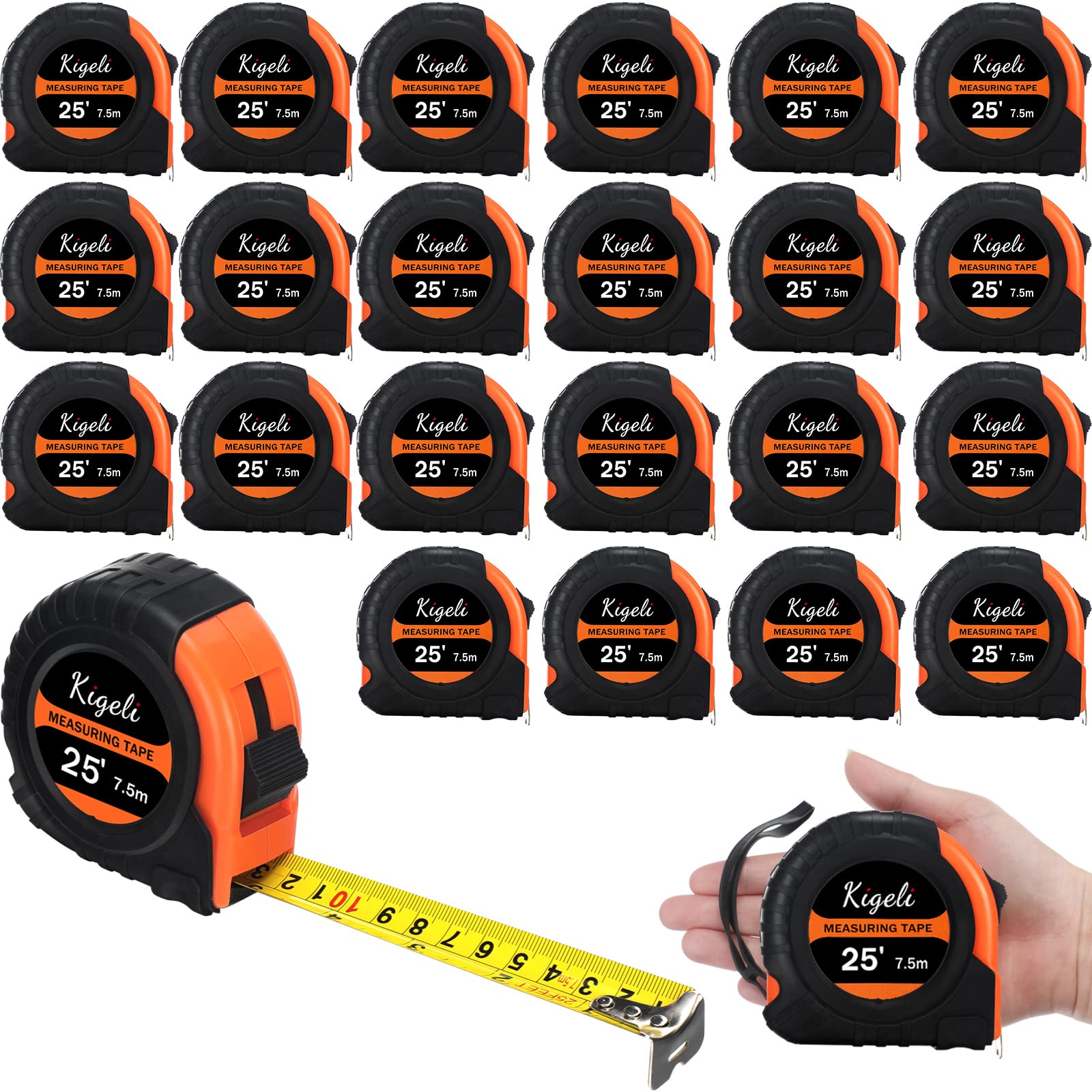 24-Piece 25-Foot Retractable Self-Locking Tape Measure Set - Dual Metric & Imperial Scale with Fractions - Ideal for Construction, DIY Projects, Sewing and Home Improvement