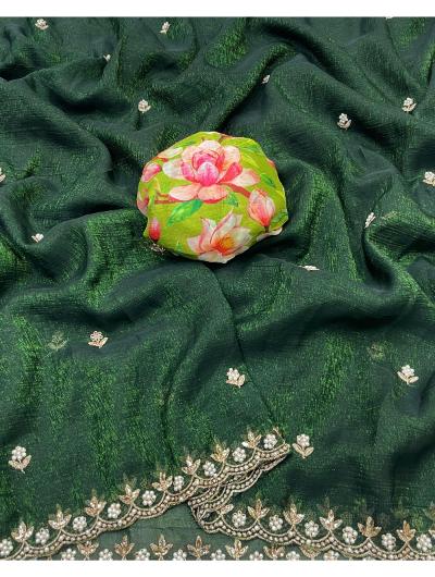 Elegant Dark Green Crunchy Chiffon Silk Saree for Women - Perfect for Weddings, Parties & Special Occasions