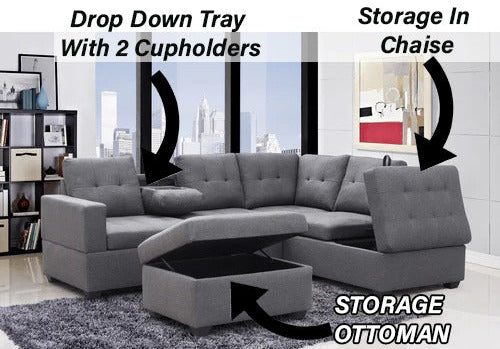 Modern Grey Fabric RHF Chaise Sectional Sofa with Storage, Cupholders & USB Power Outlets - Perfect for Living Room, Home Theater & Small Spaces