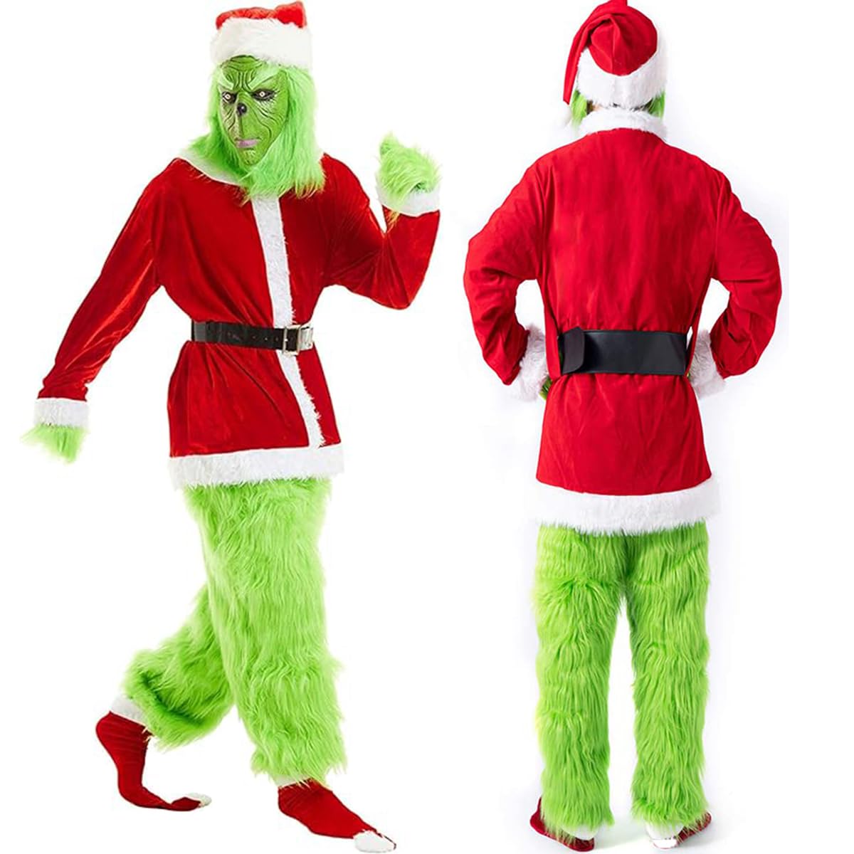 WPOZD Deluxe 7-Piece Green Monster Christmas Costume for Adults - Furry Santa Suit Set with Hat & Accessories | Perfect for Halloween, Cosplay, Christmas Parties & Themed Events