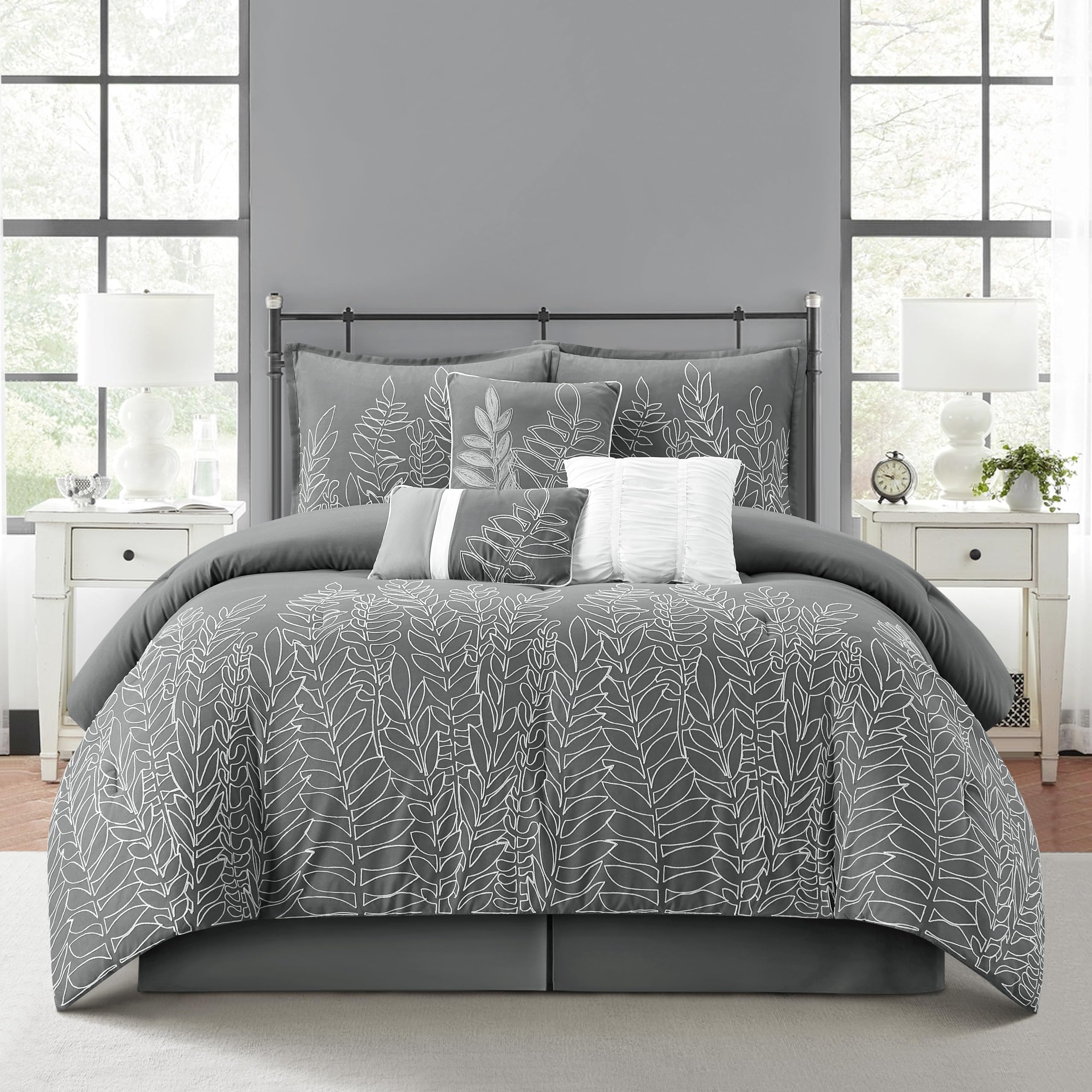 Grand Avenue Grey Leaves King Size Comforter Set - 7 Piece Bedding Set with Pillow Shams, Bed Skirt & Decorative Pillows | All Season Luxury Home Decor for Master Bedroom