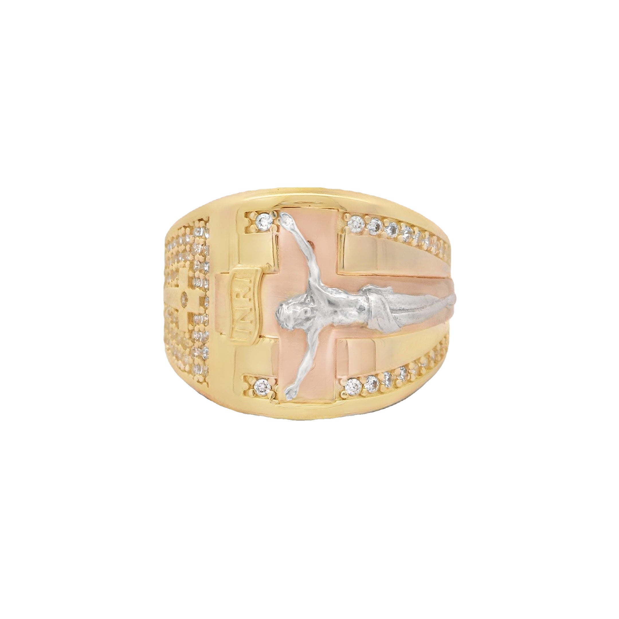 14K Gold Jesus Cross Ring with CZ Stones - Religious Jewelry for Men & Women - Perfect for Church, Weddings, and Daily Wear