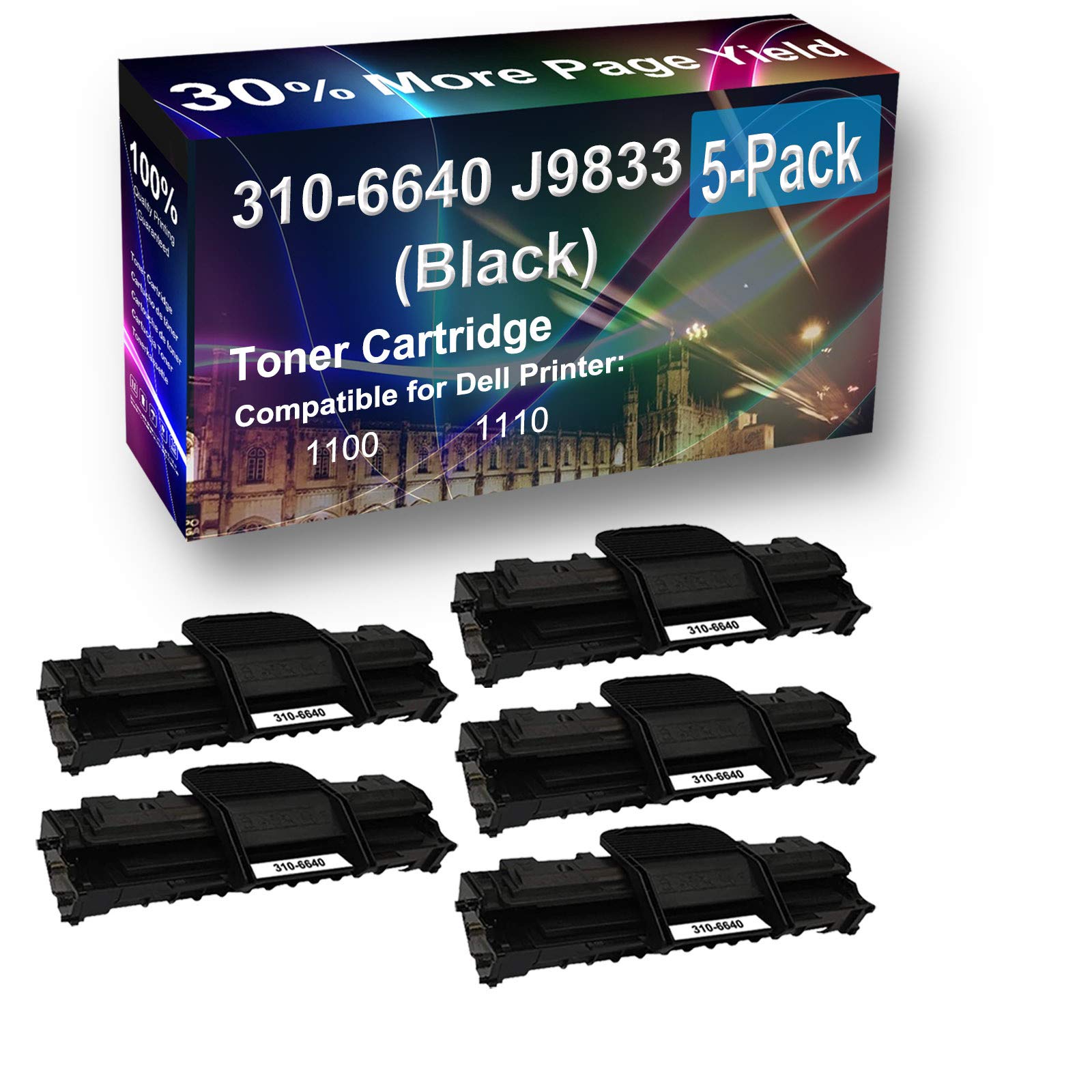 5-Pack High Capacity Dell 310-6640 (J9833) Compatible Toner Cartridges - Replacement for 1100 & 1110 Printers - Black Ink - Perfect for Office Printing, Bulk Printing & High Volume Document Needs