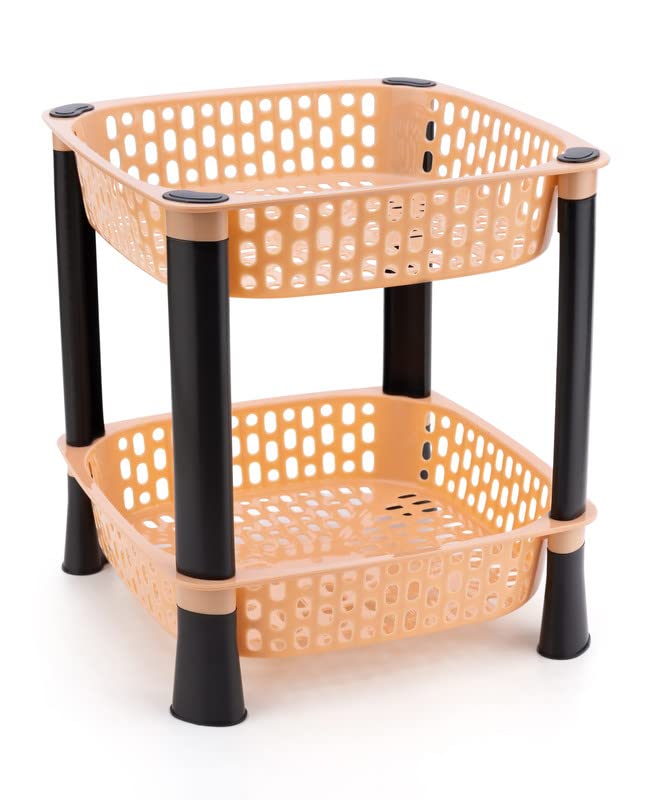 2-Tier Slide Out Kitchen Shelf Organizer - Multipurpose Beige Basket Rack for Fruits, Vegetables & Office Supplies | Space-Saving Storage for Pantry, Countertop & Workspace