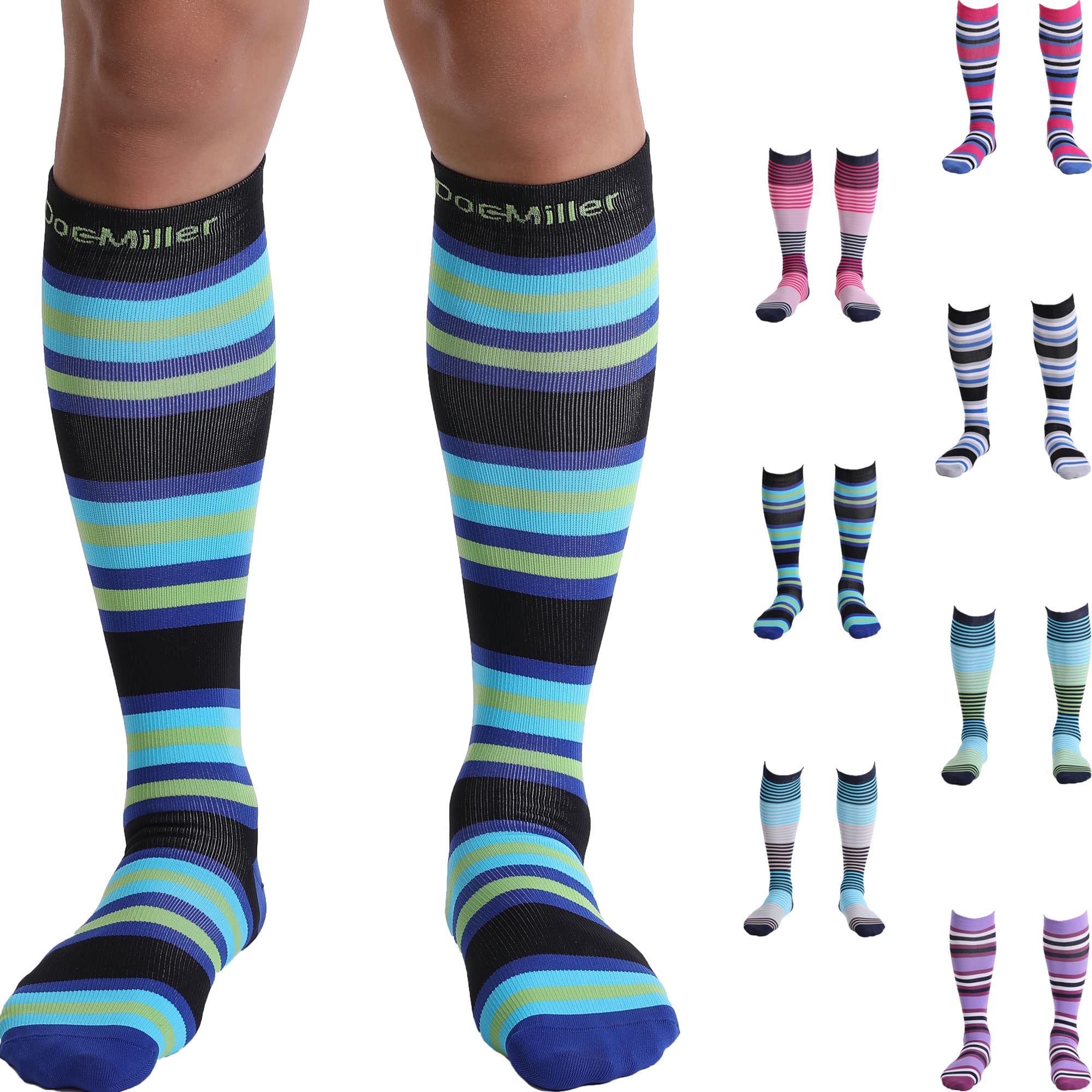 **Doc Miller 15-20mmHg Knee High Compression Socks for Women & Men – Relief for Shin Splints, Swelling & Varicose Veins – 1 Pair X-Large Blue Green Stripes – Ideal for Running, Travel & Recovery**
