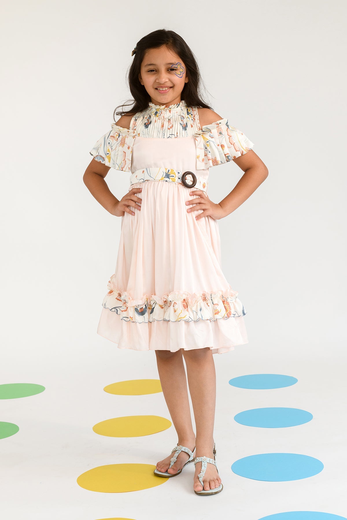 Elegant Round Neck Pleated Sleeves Dress for Girls - Perfect for Birthday Parties, School Events & Family Gatherings