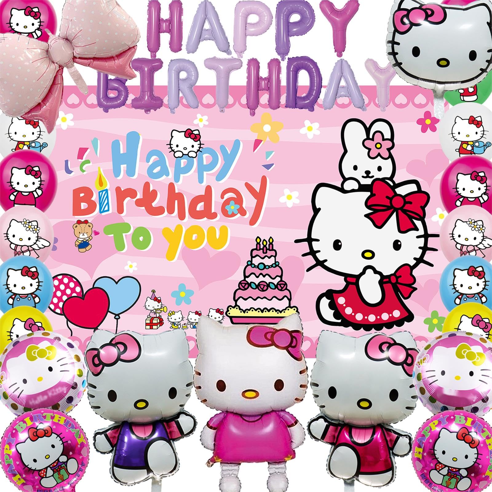 29Pcs Hello Kitty Birthday Party Decorations Set - Includes Backdrop, Foil Balloons & Latex Balloons for Girls Birthday Celebration - Perfect for Kitty Themed Parties, Baby Showers & Kids Room Decor