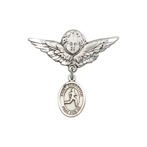 St. Sebastian Track & Field Charm Baby Badge Pin with Angel Wings - Diamond Jewelry NY - Perfect for Baptism, First Communion & Sports Events Gifts