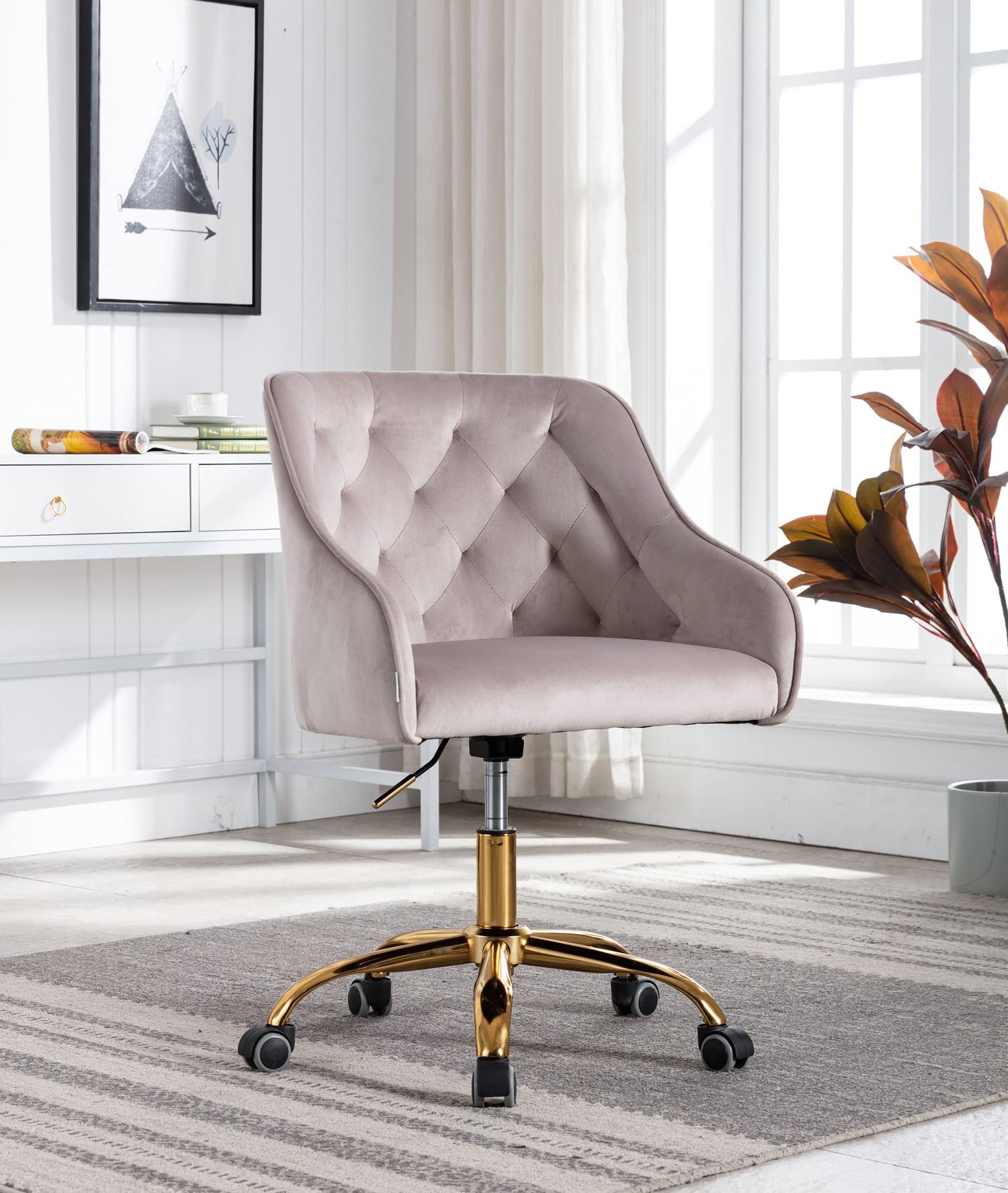 Velvet Office Chair 360° Swivel - Tufted Vanity Desk Chair with Gold Base, Soft Small Task Chair for Kids & Students - Perfect for Home Office, Living Room & Bedroom (Gray & Gold)