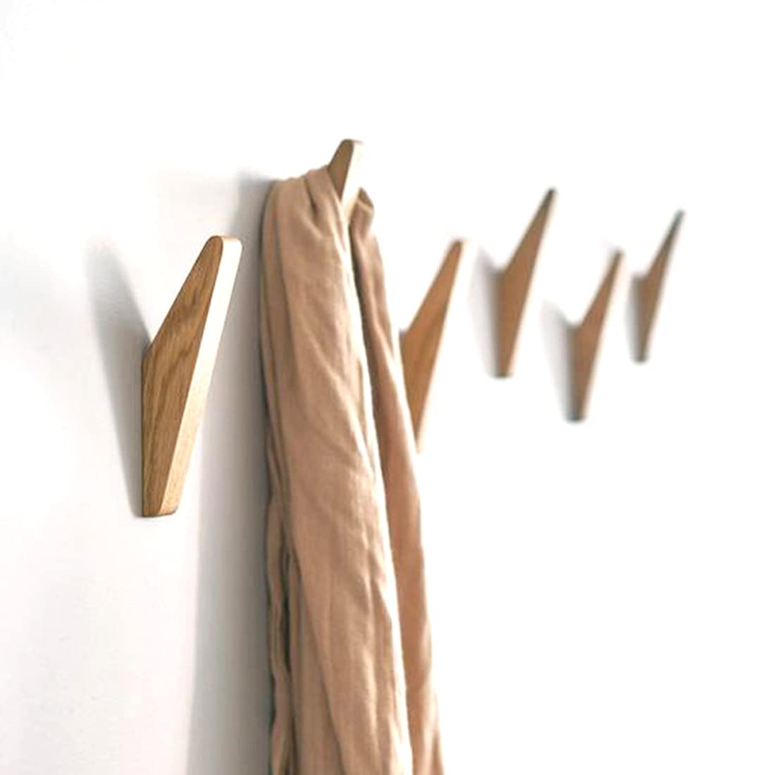 6-Pack Natural Rubber Wood Wall Hooks - Heavy Duty Coat Hooks for Hanging Jackets, Hats, Bags, Towels & Home Decor - Rustic Triangle Shaped Entryway, Bedroom & Bathroom Organizer