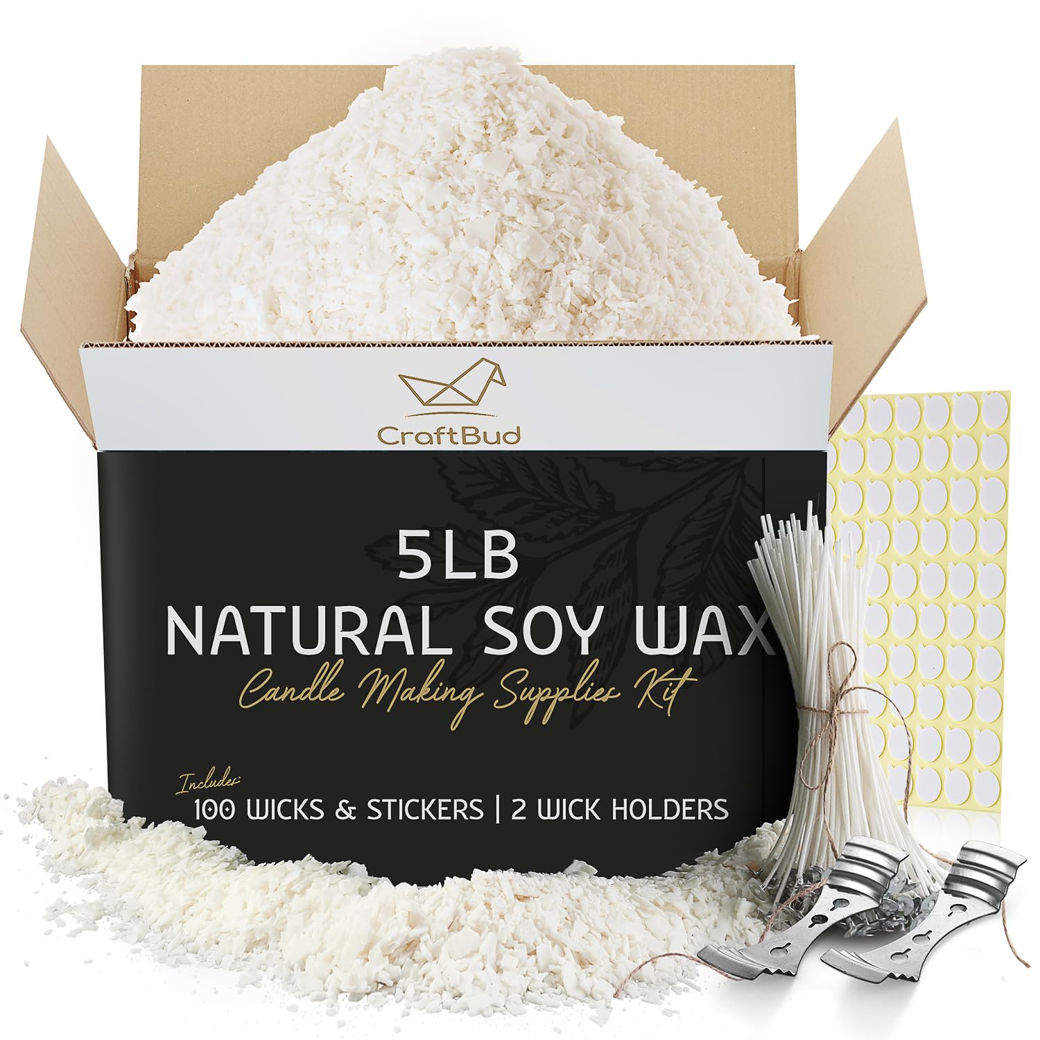 Premium Soy Wax Flakes for Candle Making - 5lb Natural Soy Candle Wax Kit with 100 Wicks, Stickers & 2 Centering Tools | DIY Home Fragrance, Aromatherapy, Gifts & Wedding Decorations