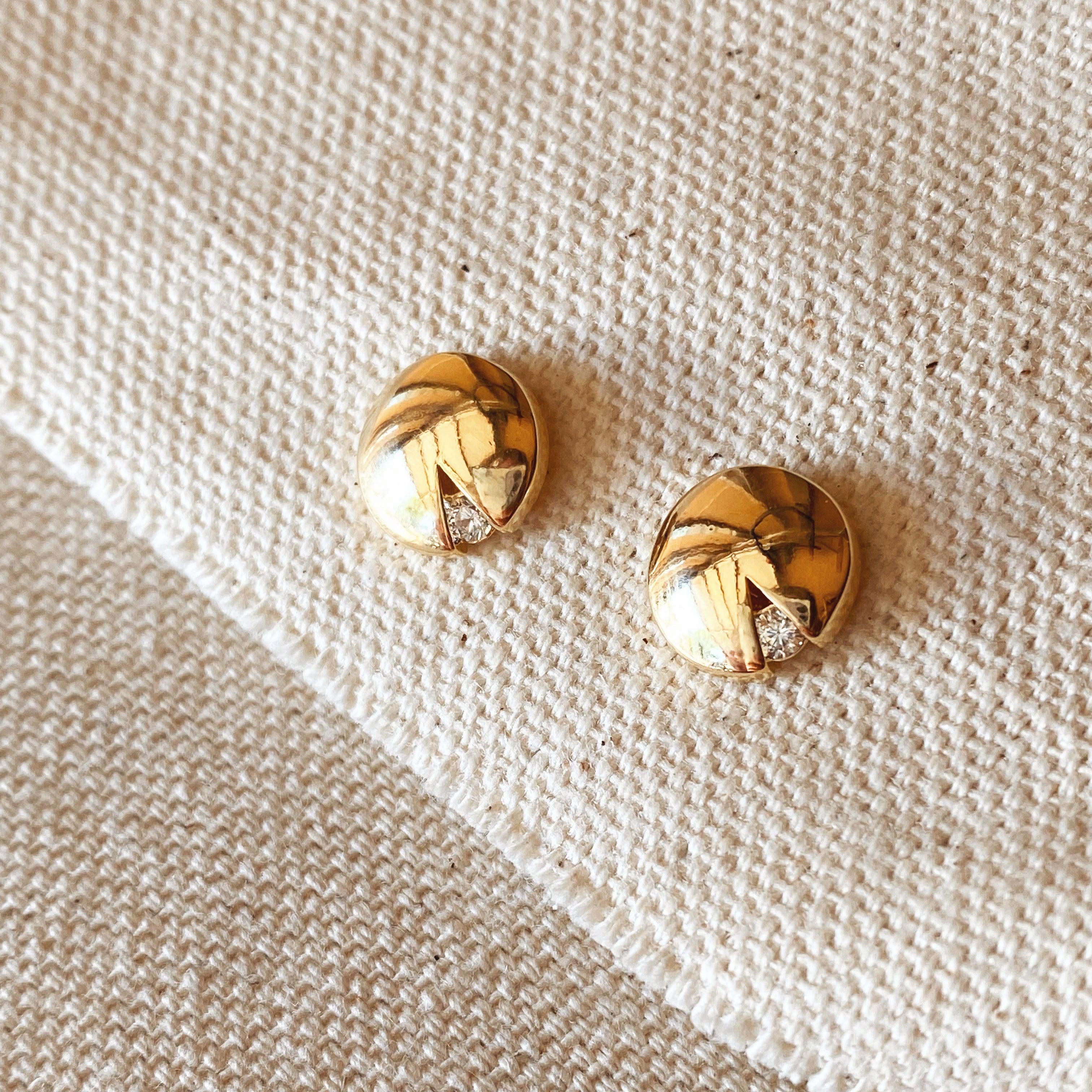 18K Gold Filled Split Round Button Stud Earrings with Cubic Zirconia Details - Elegant Jewelry for Women, Perfect for Parties, Weddings & Everyday Wear