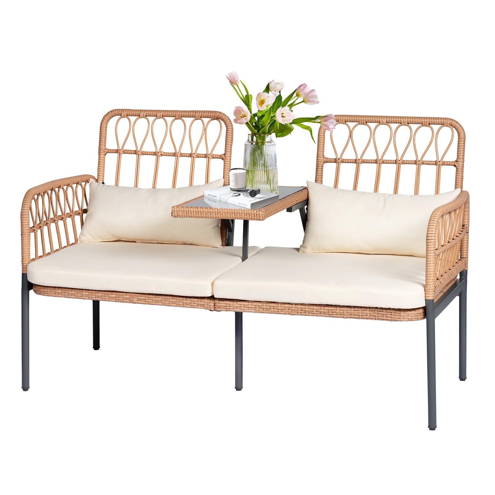 **Outdoor Loveseat Patio Furniture Set - 2-Piece Wicker Conversation Set with Cushions, Lumbar Pillows & Built-in Table - Perfect for Porch, Garden, or Backyard Relaxation**